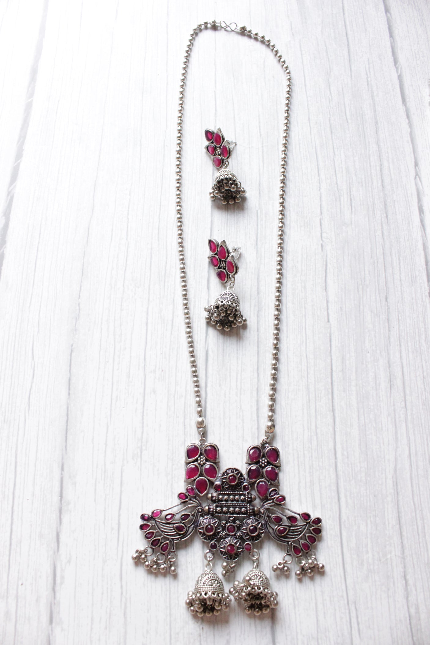 Ruby Red Glass Stones Embedded Bird Motifs Oxidised Finish Long Chain Necklace Set
