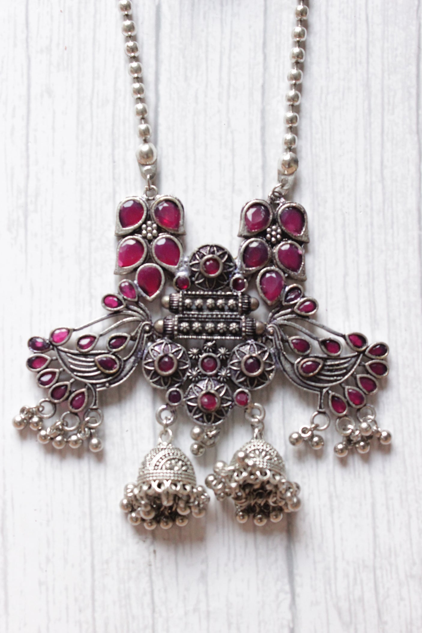 Ruby Red Glass Stones Embedded Bird Motifs Oxidised Finish Long Chain Necklace Set