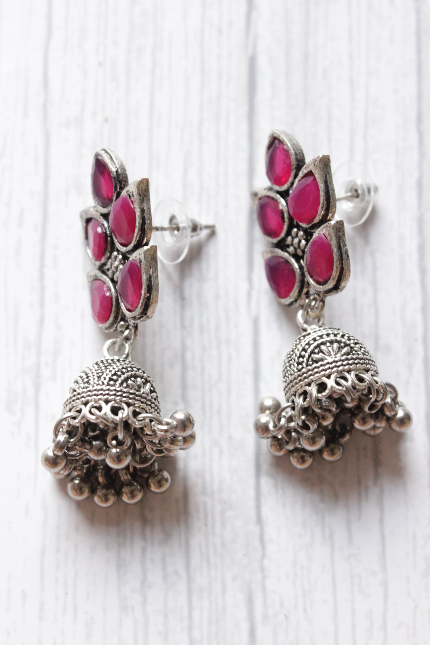 Ruby Red Glass Stones Embedded Bird Motifs Oxidised Finish Long Chain Necklace Set