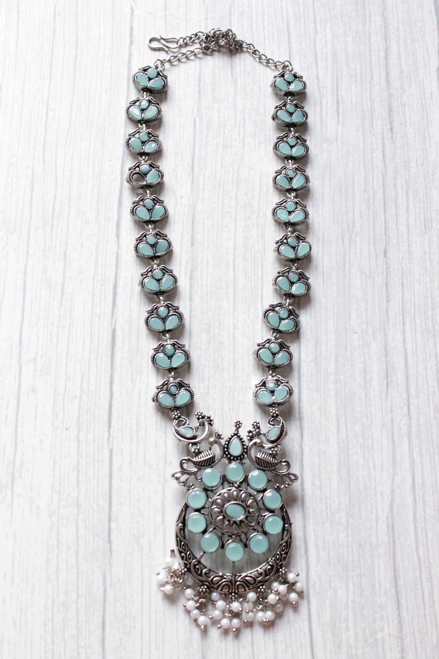 Turquoise Stones Embedded Intricately Detailed Necklace Set with Statement Necklace