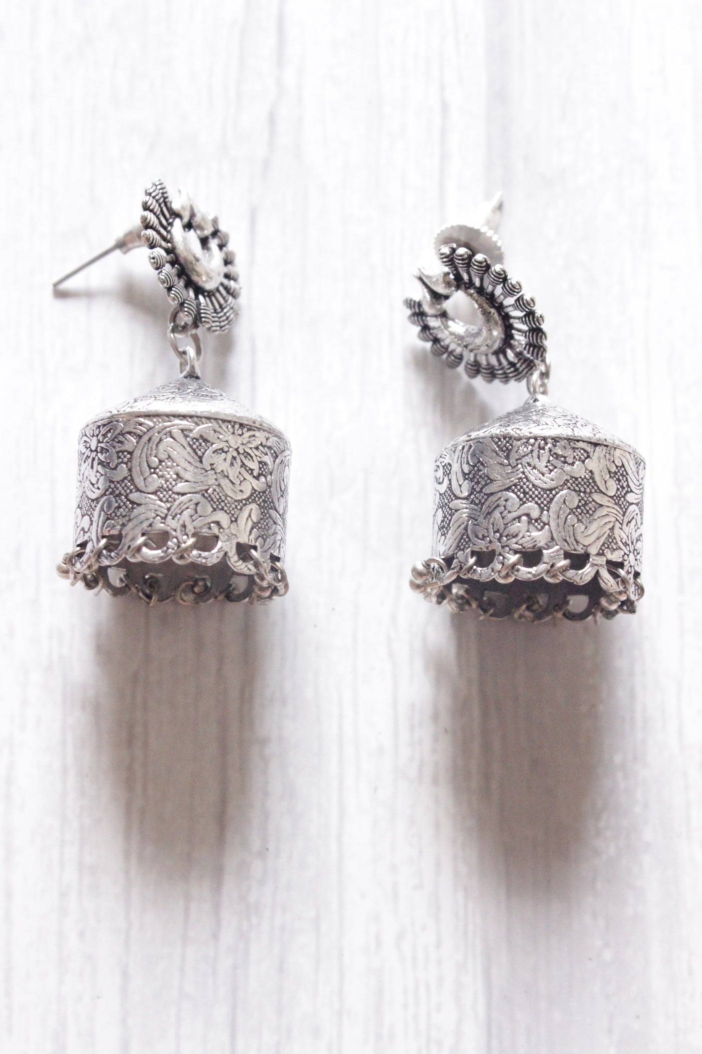 Round Jhumkas Oxidised Finish Metal Dangler Earrings