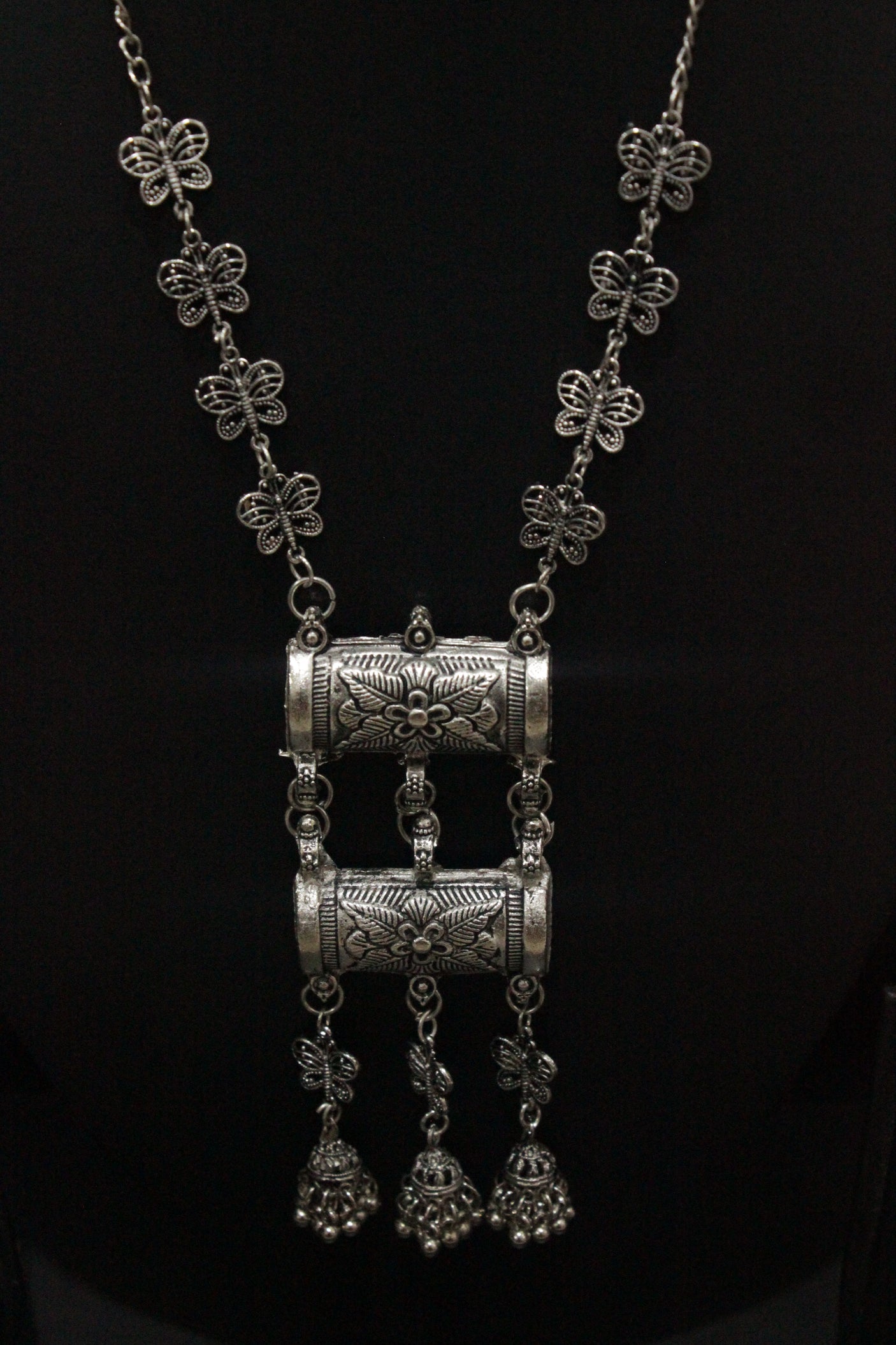 Long Chain Silver Finish Butterfly Motif Necklace Set