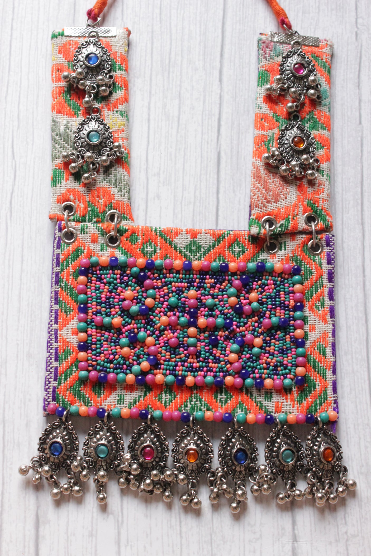 Multi-Color Beads, Stones and Metal Charms Embellished Statement Fabric Necklace