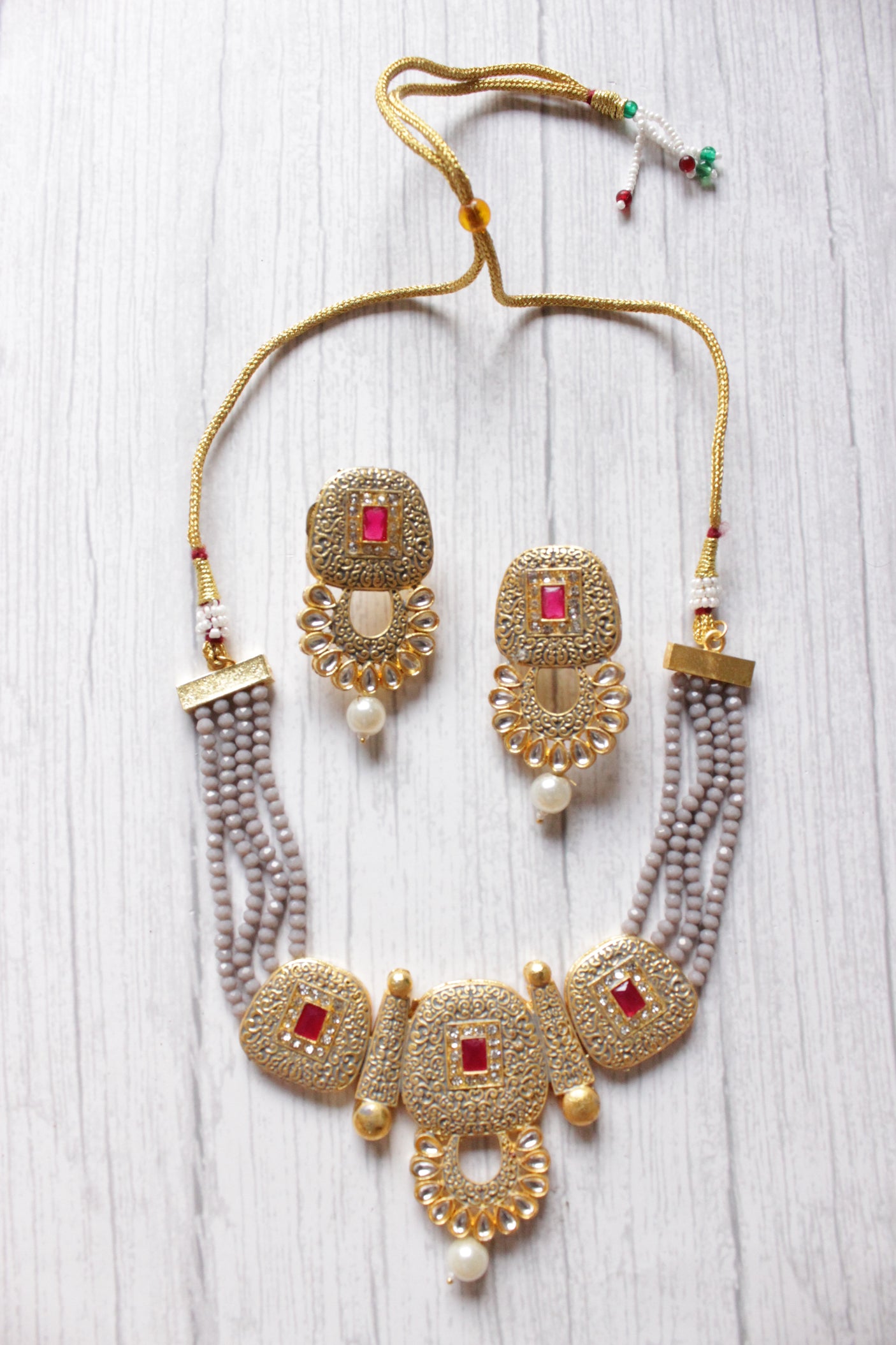 Elaborate Meenakari and Kundan Work Grey Crystal Beads Hand Painted Necklace Set