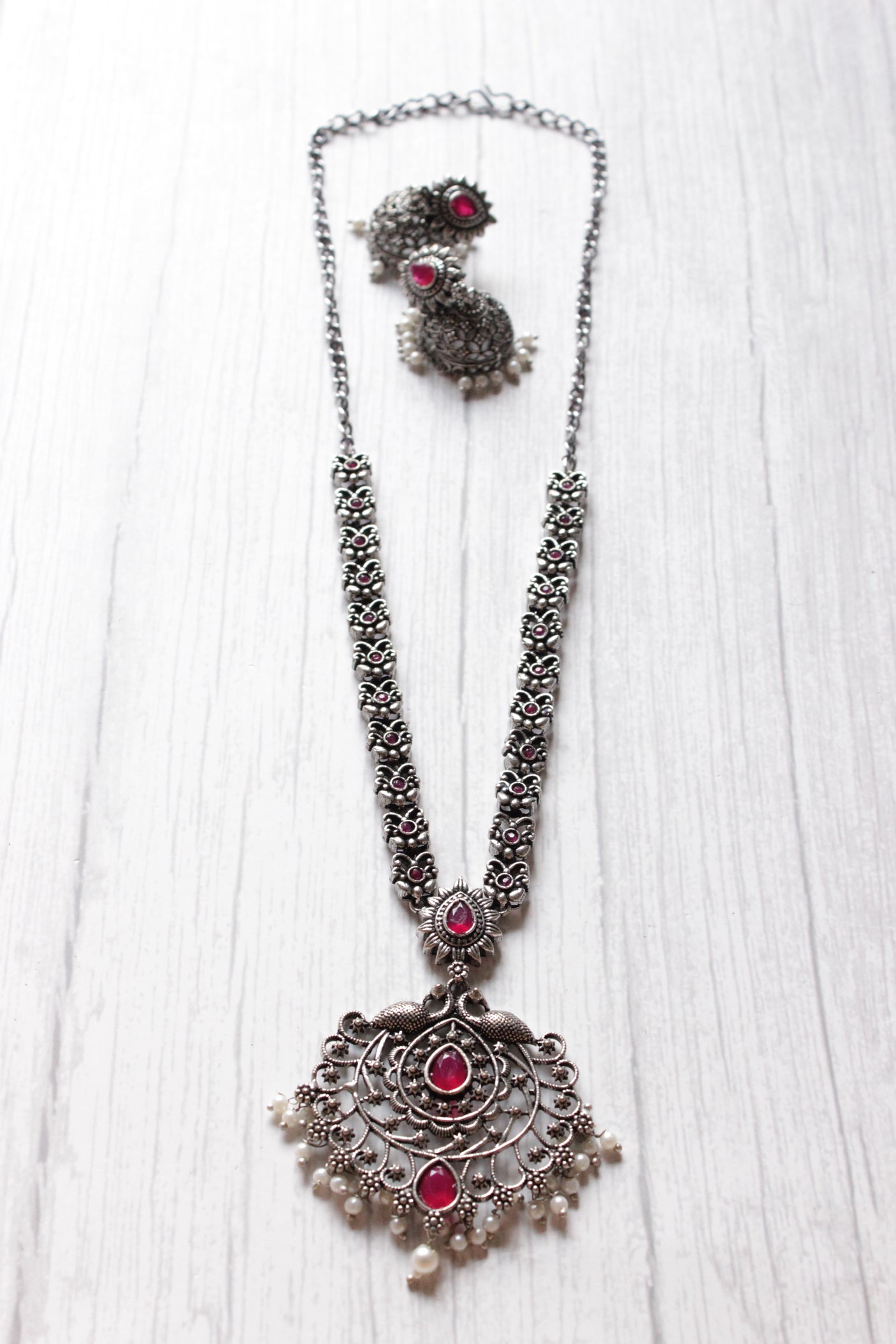 Two Swans Motifs Oxidised Finish Jaali Pattern Long Chain Necklace Set with Jhumka Earrings