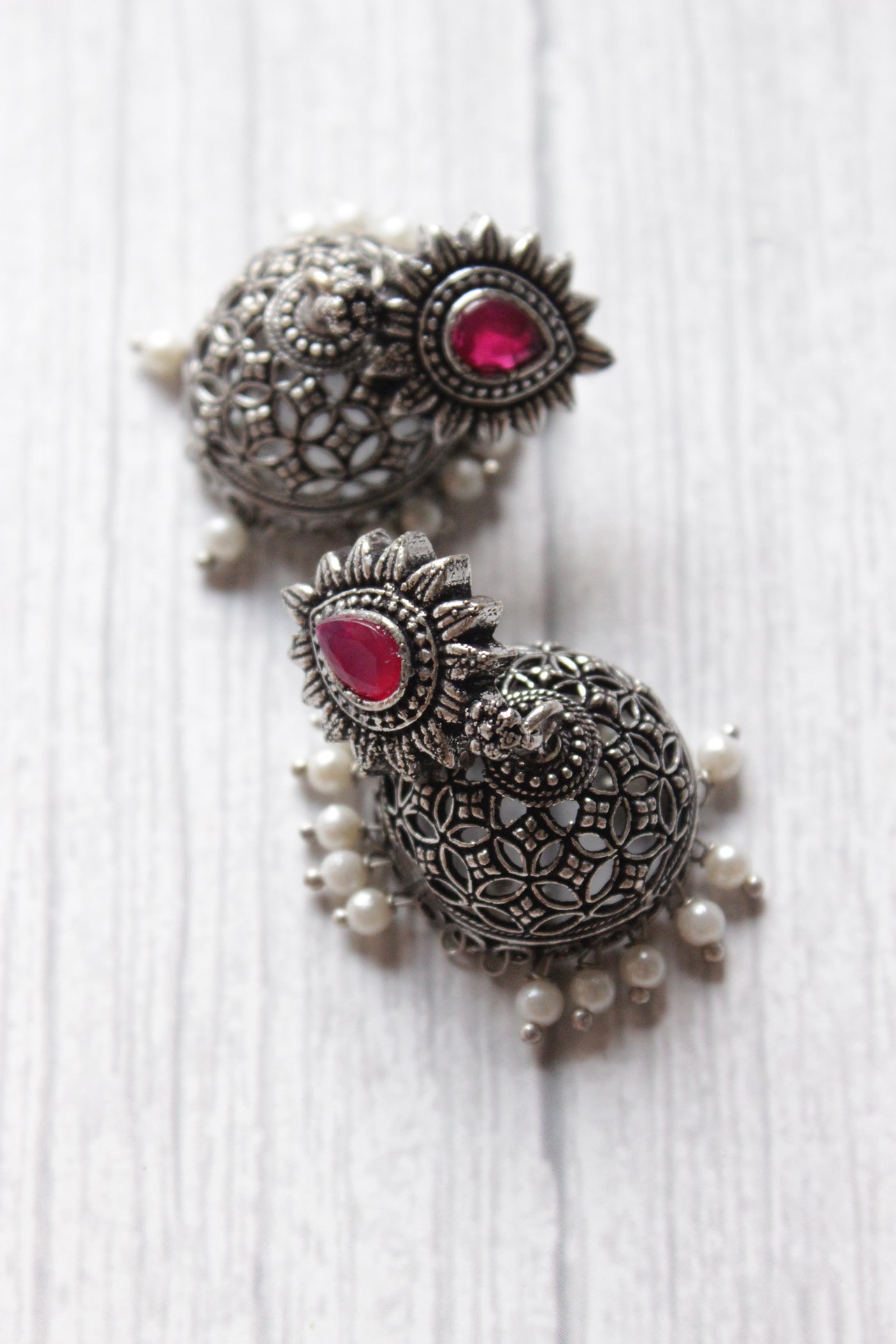 Two Swans Motifs Oxidised Finish Jaali Pattern Long Chain Necklace Set with Jhumka Earrings