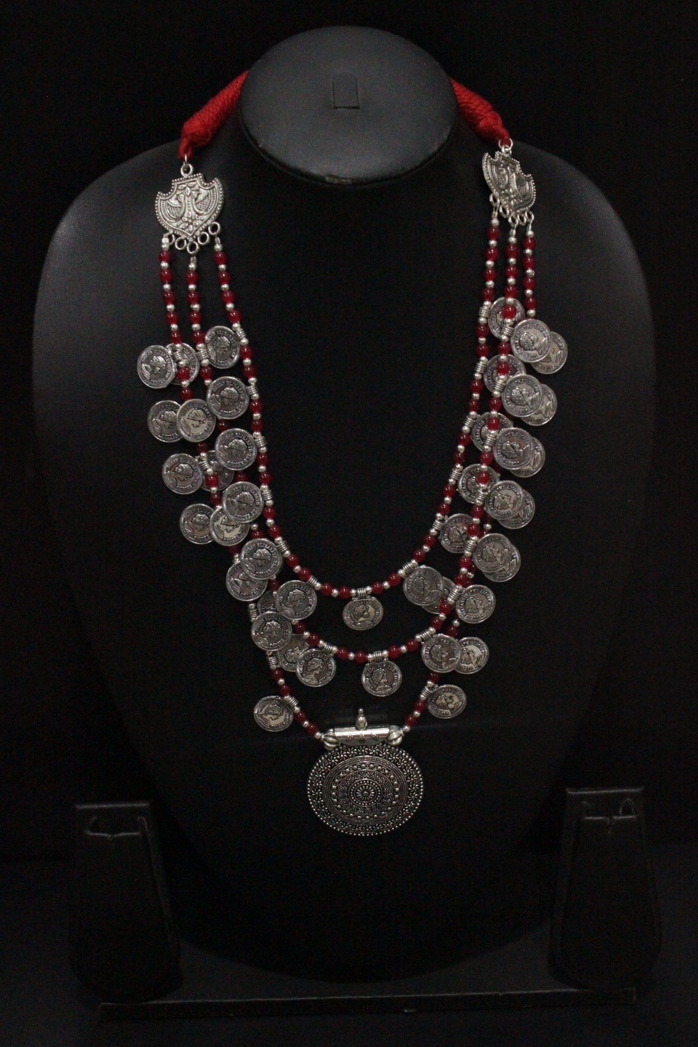 3 Layer Red Glass Beads and Stamped Metal Coins Braided Necklace with Statement Metal Pendant