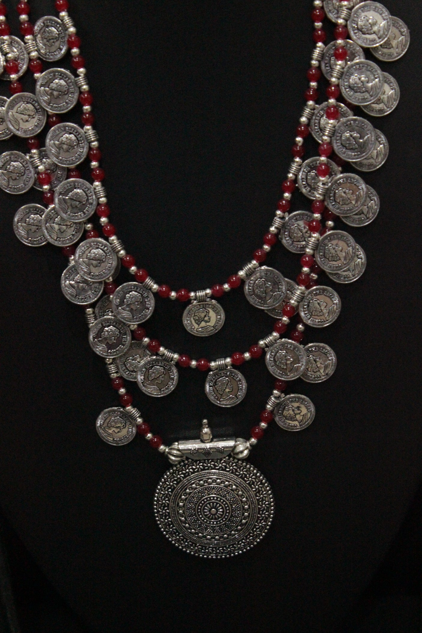 3 Layer Red Glass Beads and Stamped Metal Coins Braided Necklace with Statement Metal Pendant