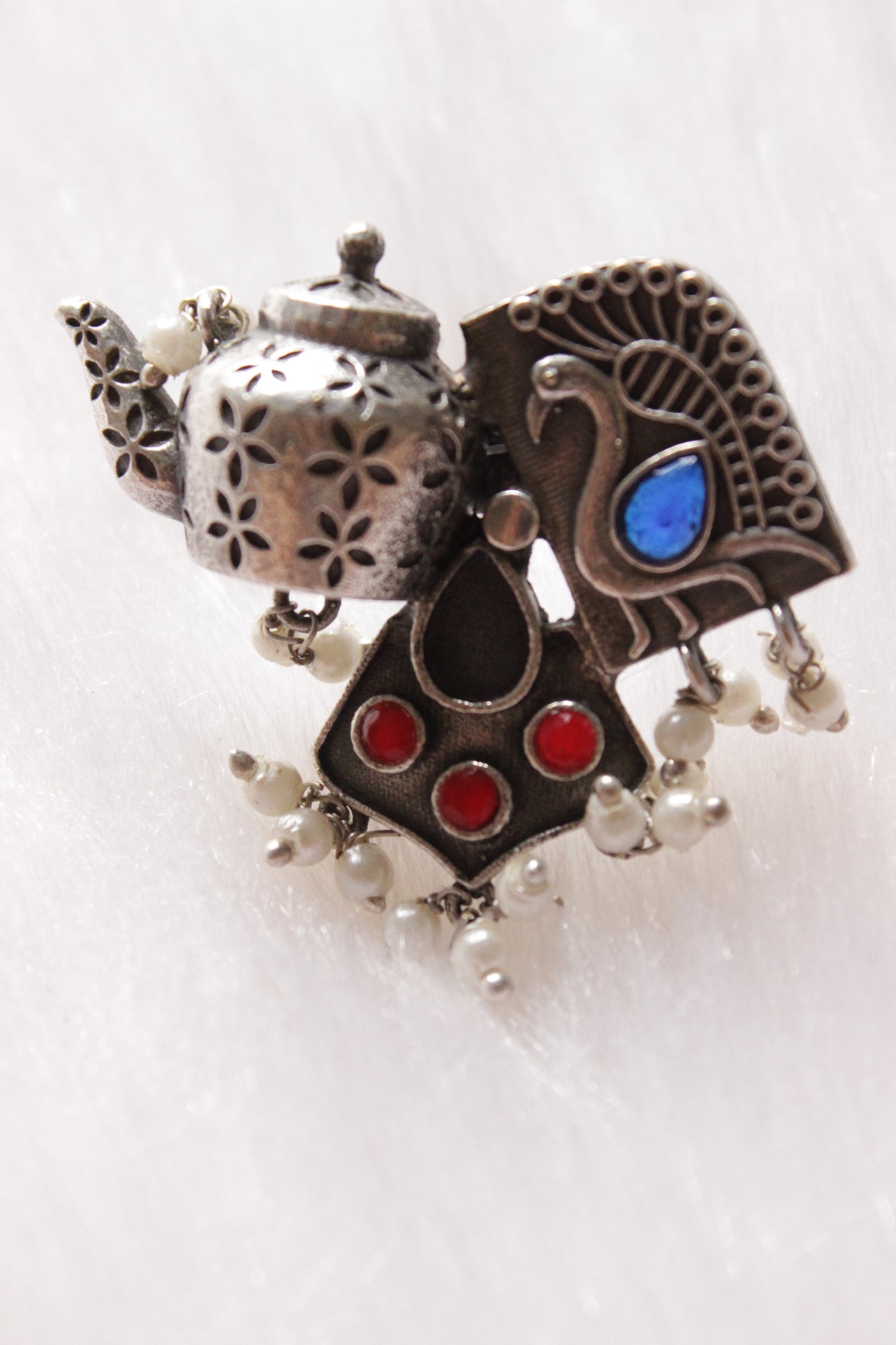 Glass Stones Embedded Peacock and Kettle Motif Statement Cocktail Ring