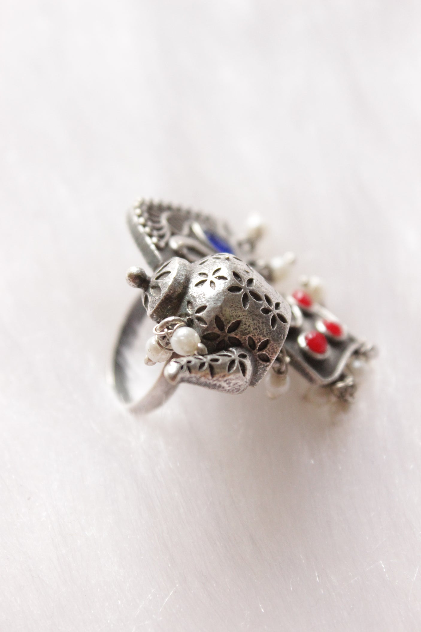 Glass Stones Embedded Peacock and Kettle Motif Statement Cocktail Ring