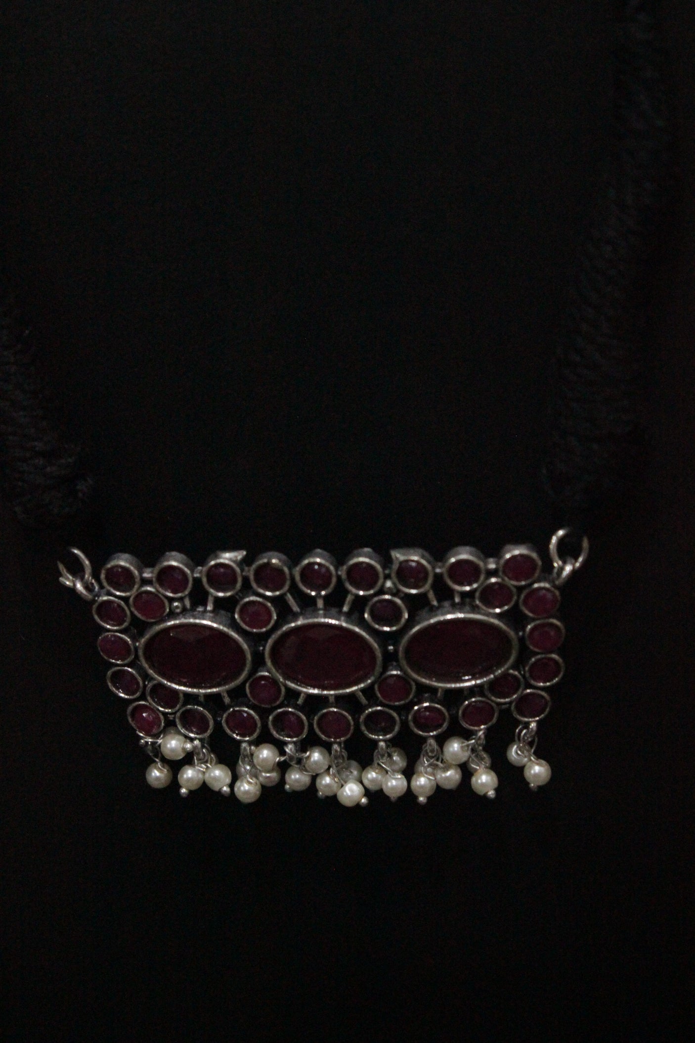 Pink Stones Embedded Thread Closure Choker Necklace Set