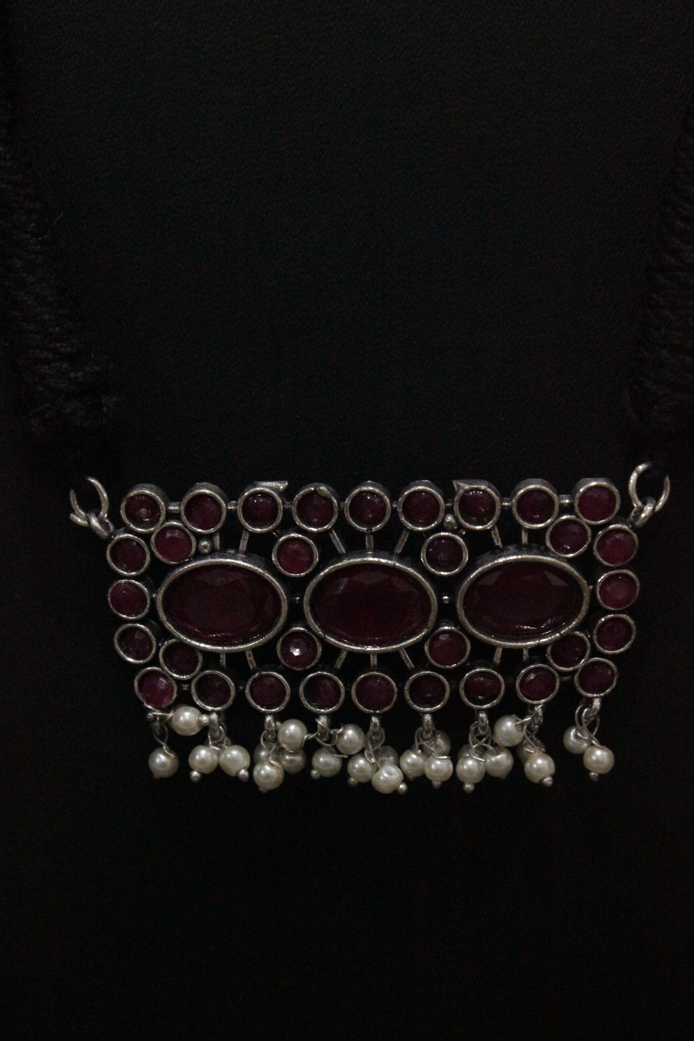 Pink Stones Embedded Thread Closure Choker Necklace Set