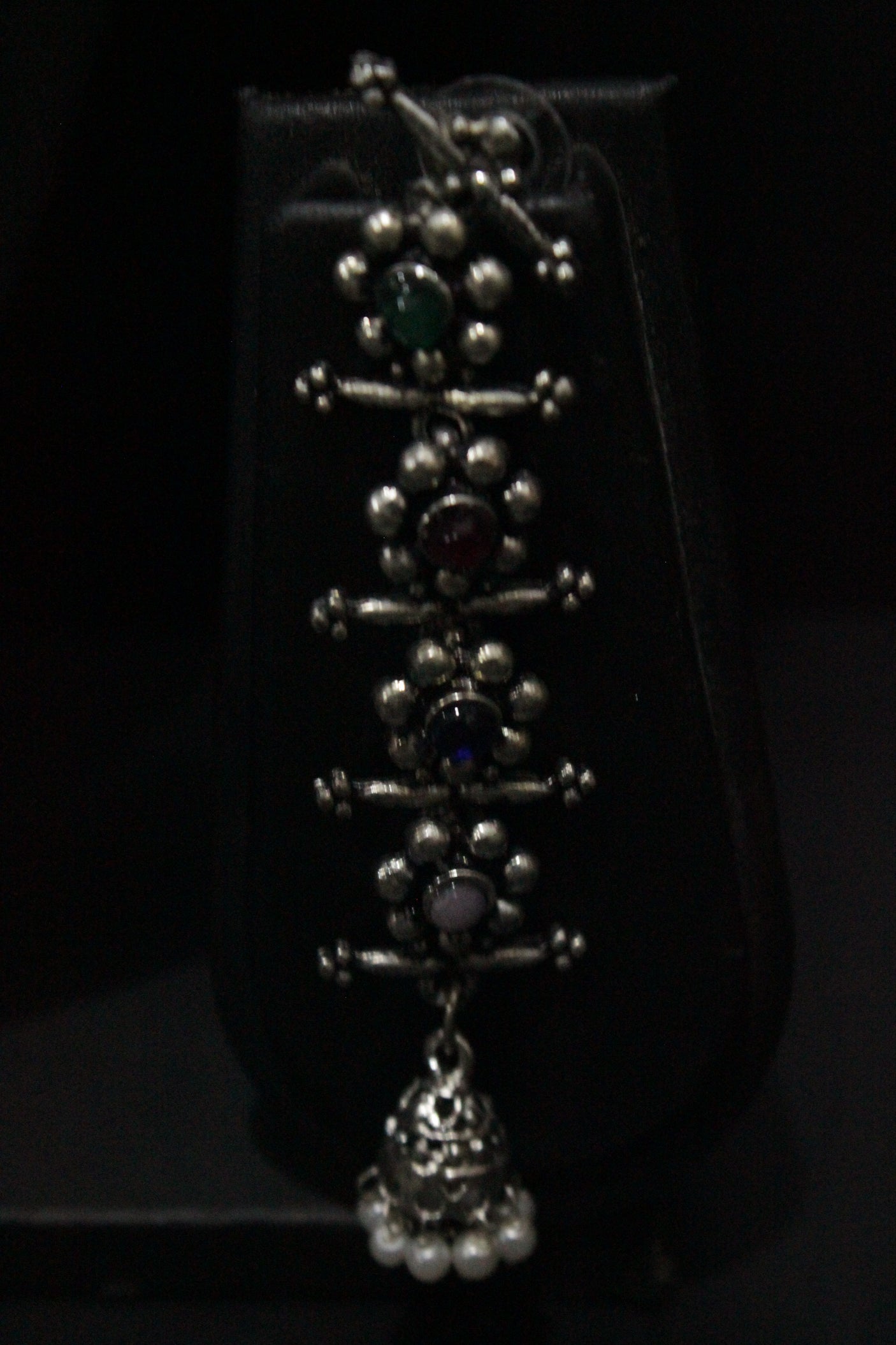 Multi-Color Stones Embedded Thread Closure Necklace Set with Long Dangler Earrings