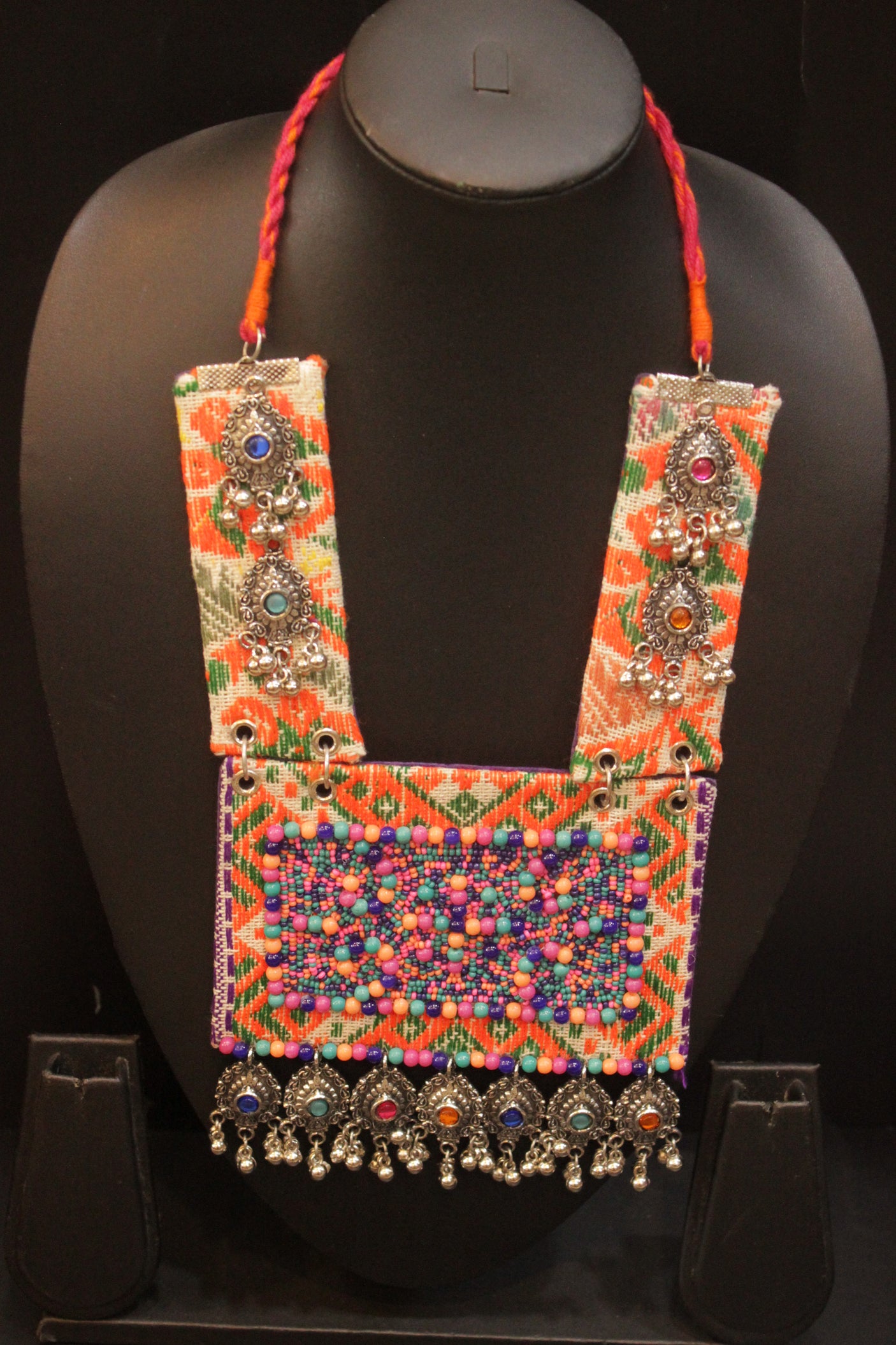 Multi-Color Beads, Stones and Metal Charms Embellished Statement Fabric Necklace