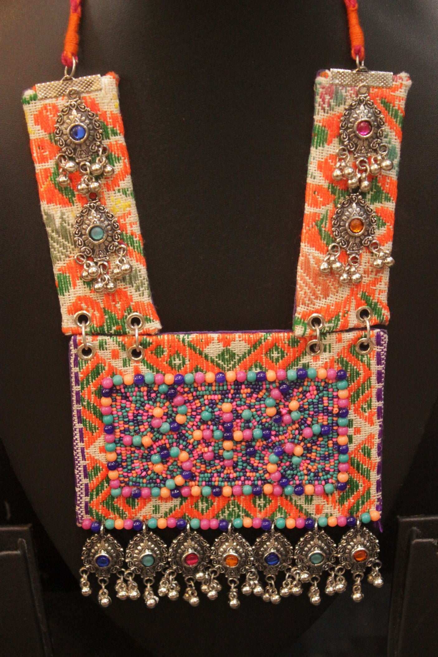 Multi-Color Beads, Stones and Metal Charms Embellished Statement Fabric Necklace