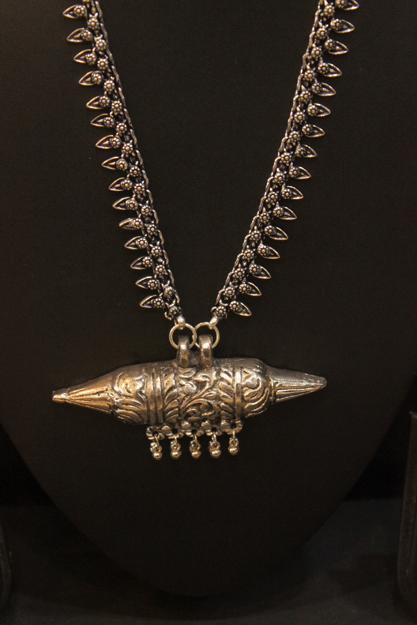 Oxidised Finish Long Chain Necklace with Warrior Pendant