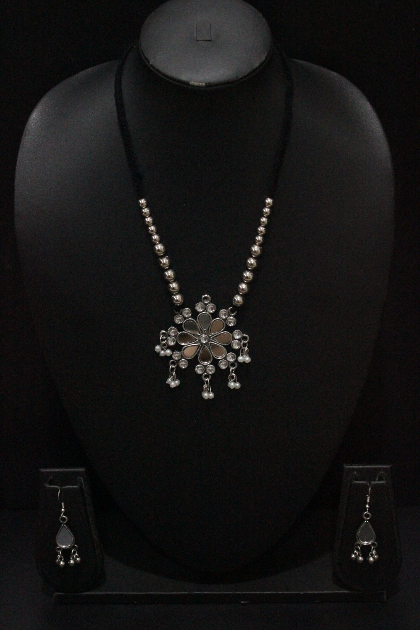 Mirror Work Pendant and Earrings Flower Motif Long Chain Silver Finish Metal Necklace Set