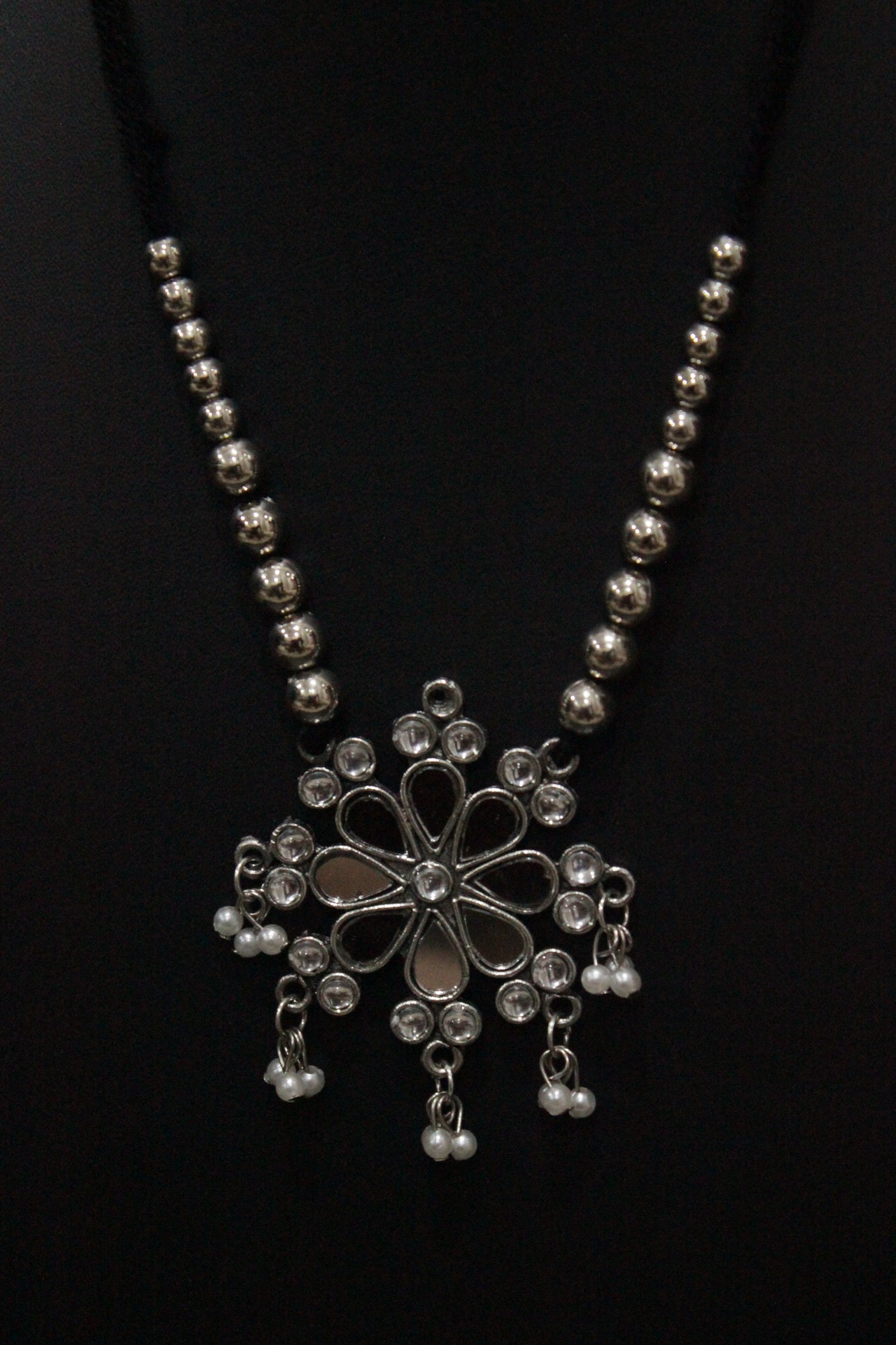 Mirror Work Pendant and Earrings Flower Motif Long Chain Silver Finish Metal Necklace Set