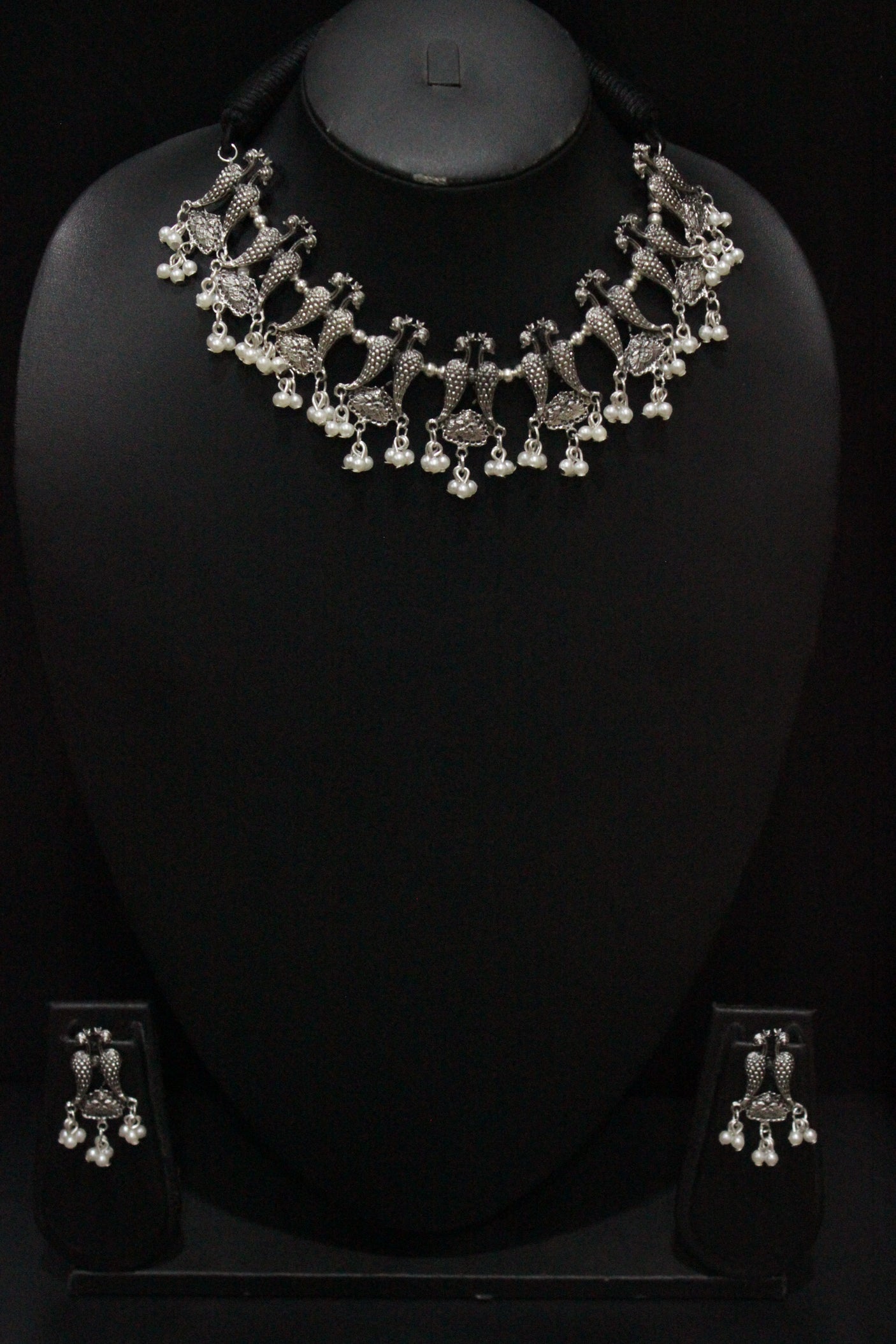 Peacock Motif thread Closure Choker Necklace Set with Long Dangler Earrings