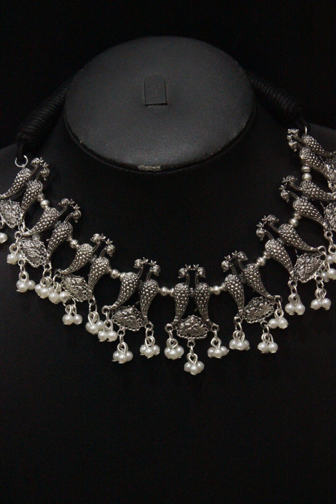 Peacock Motif thread Closure Choker Necklace Set with Long Dangler Earrings