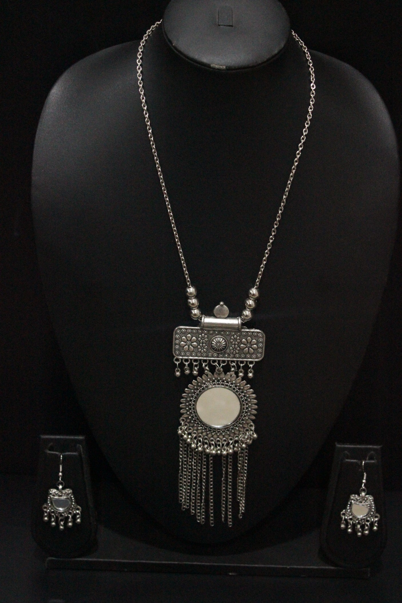 Mirror Work Pendant and Earrings Long Chain Silver Finish Metal Necklace Set