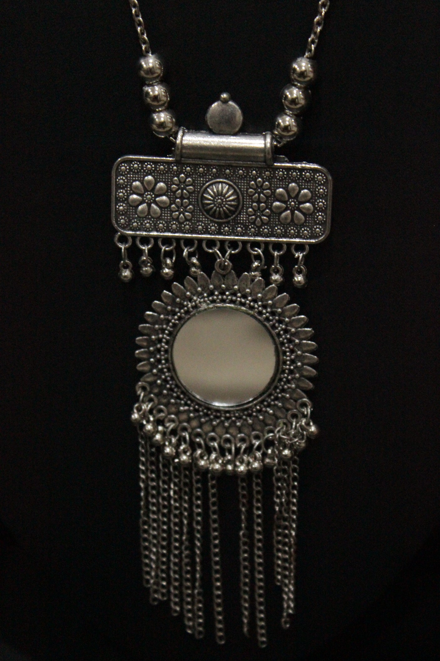 Mirror Work Pendant and Earrings Long Chain Silver Finish Metal Necklace Set