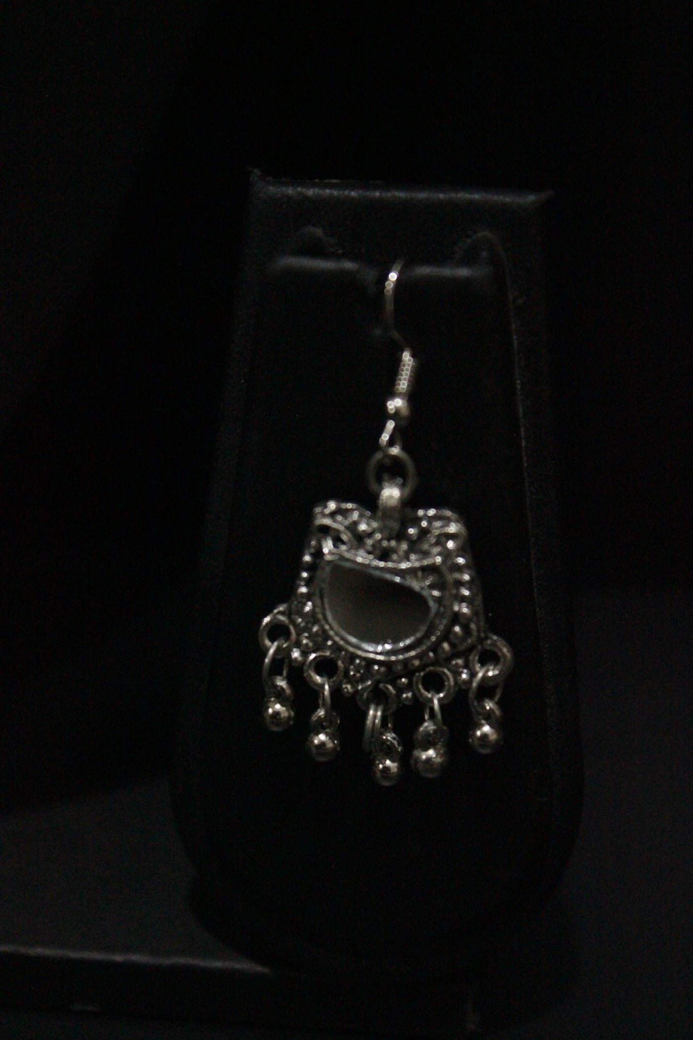 Mirror Work Pendant and Earrings Long Chain Silver Finish Metal Necklace Set