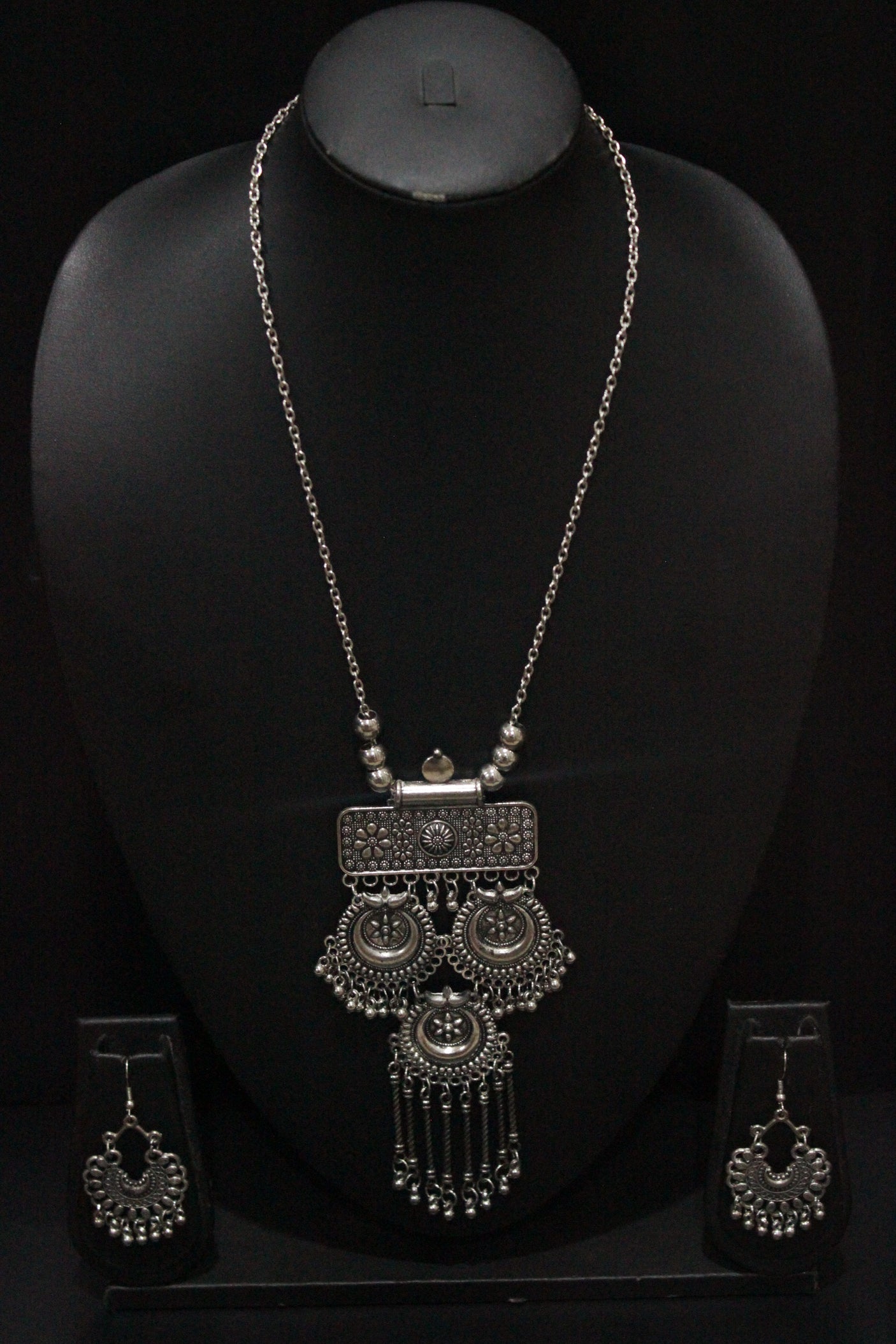 Long Chain Oxidised Silver Finish Metal Necklace Set with Half Moon Shaped Earrings