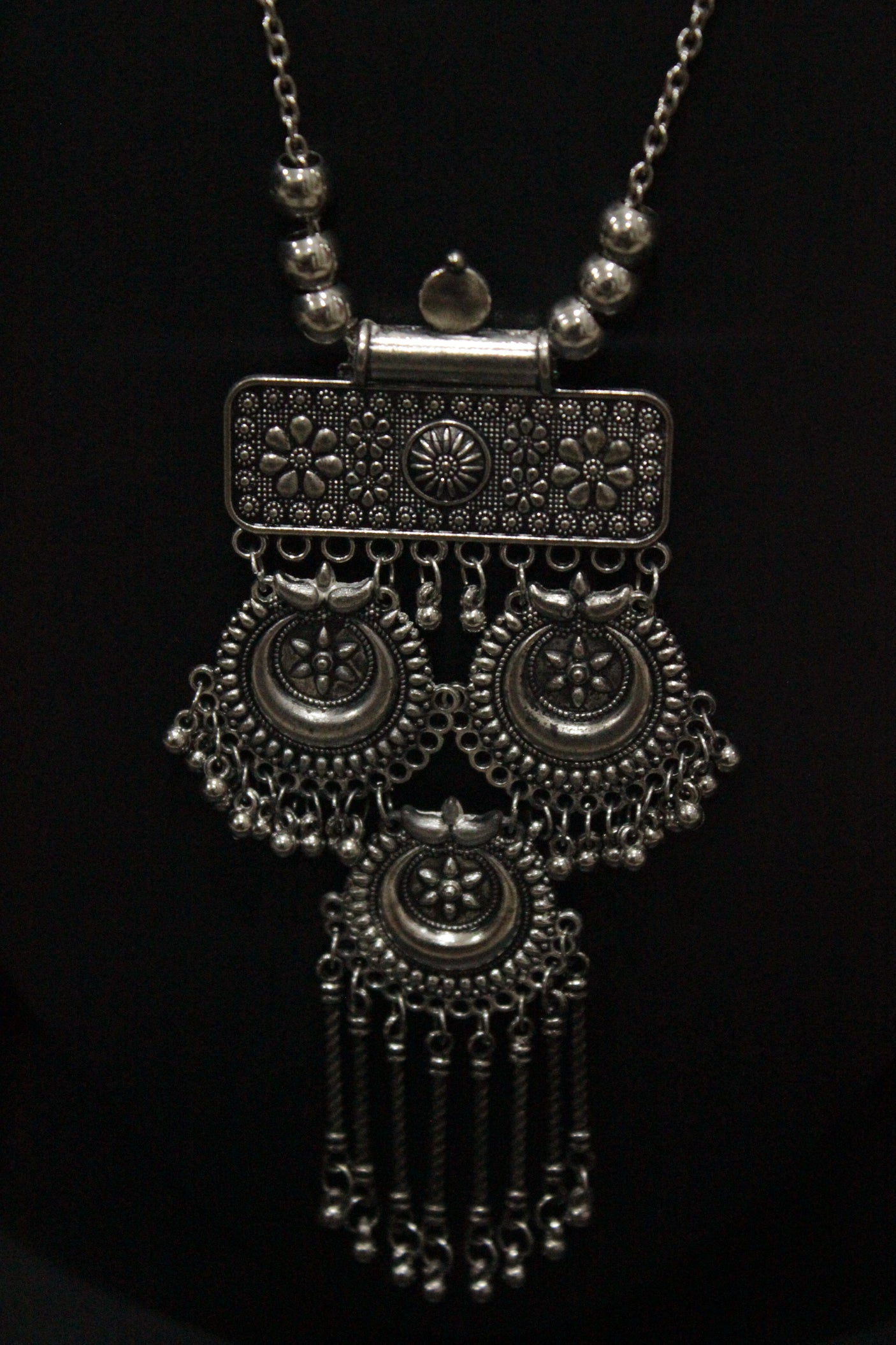 Long Chain Oxidised Silver Finish Metal Necklace Set with Half Moon Shaped Earrings