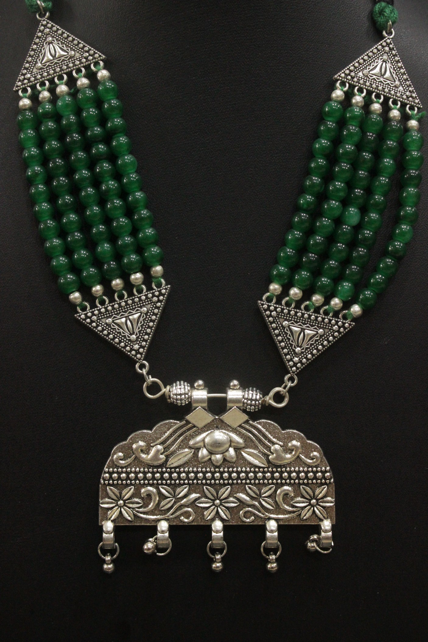 Green Beads Braided Necklace Set with Statement Silver Finish Pendant