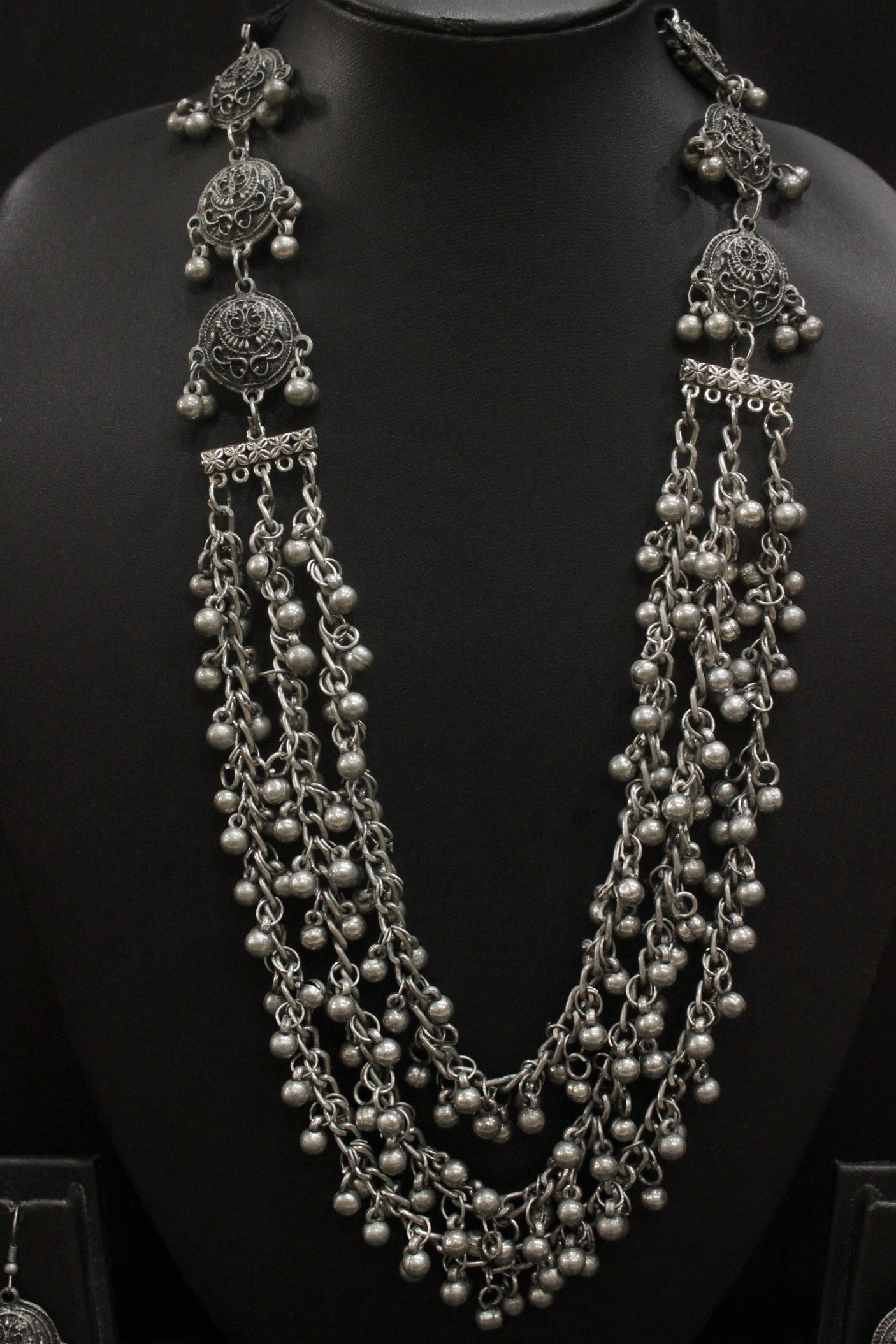 3 Layer Ghungroo Beads Embellished Oxidised Finish Necklace Set