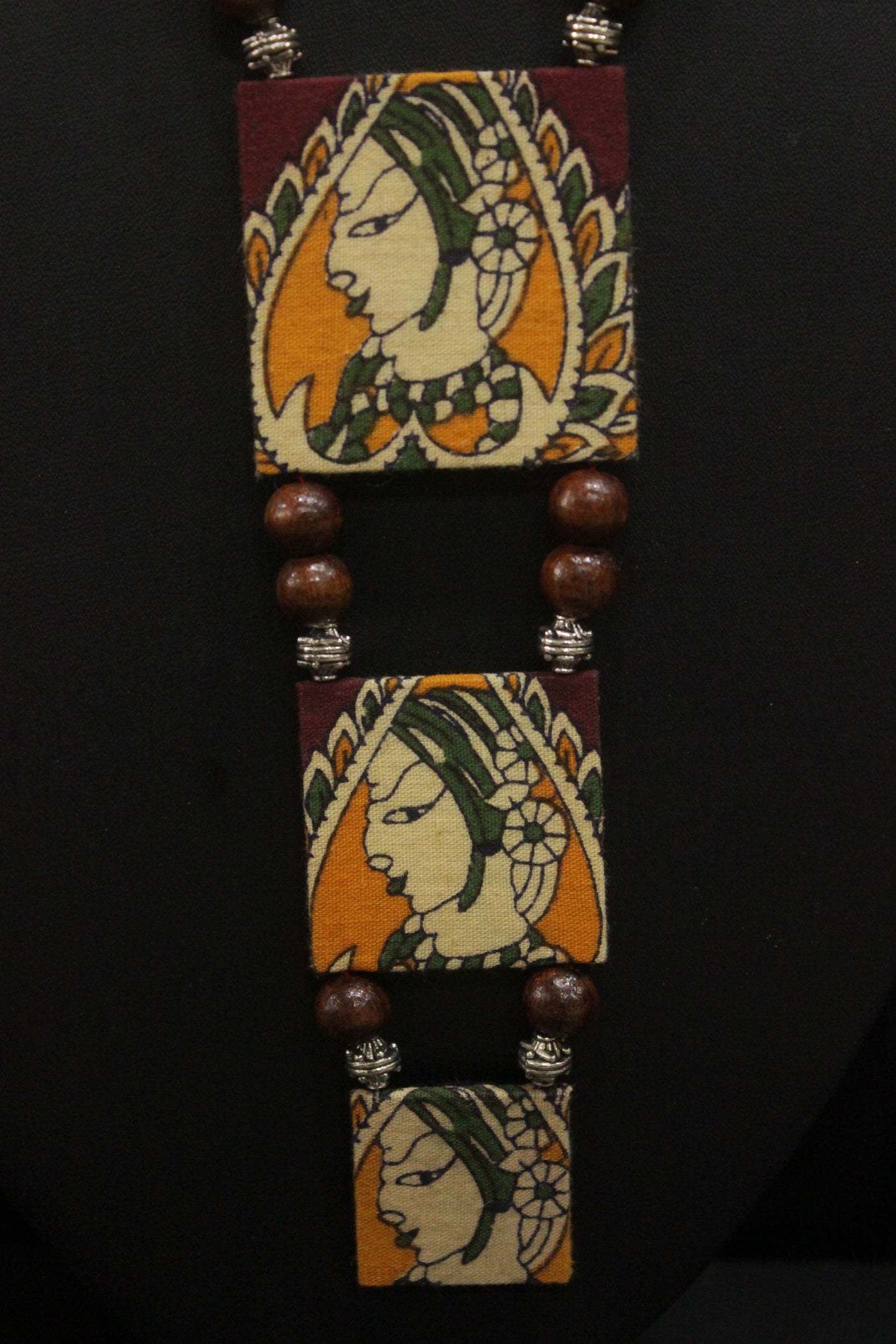 Hand Painted Woman Face Red and Yellow Fabric Necklace Set with Jhumka Earrings