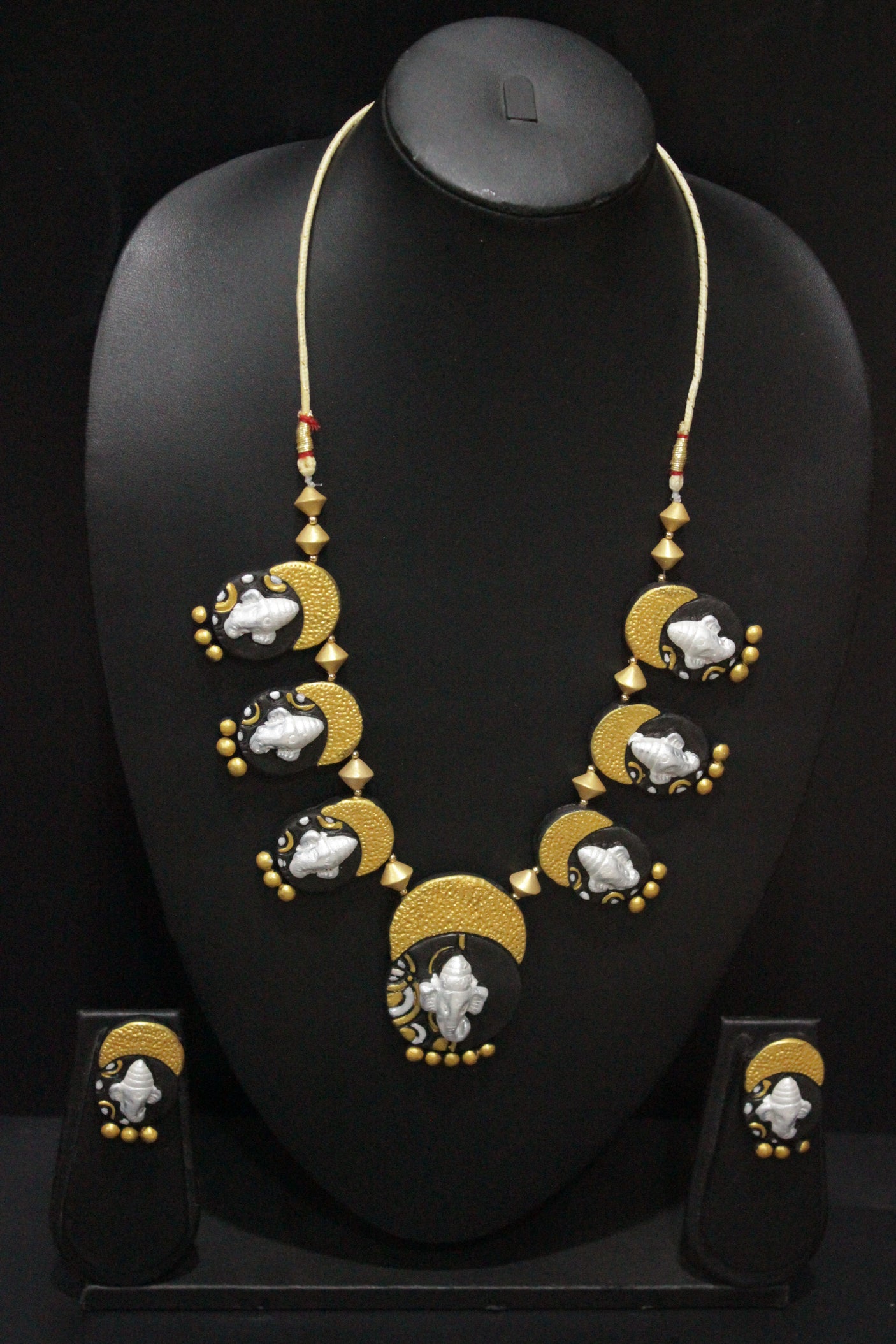 Black & Golden Ganesha Motif Handcrafted Choker Style Terracotta Clay Necklace Set