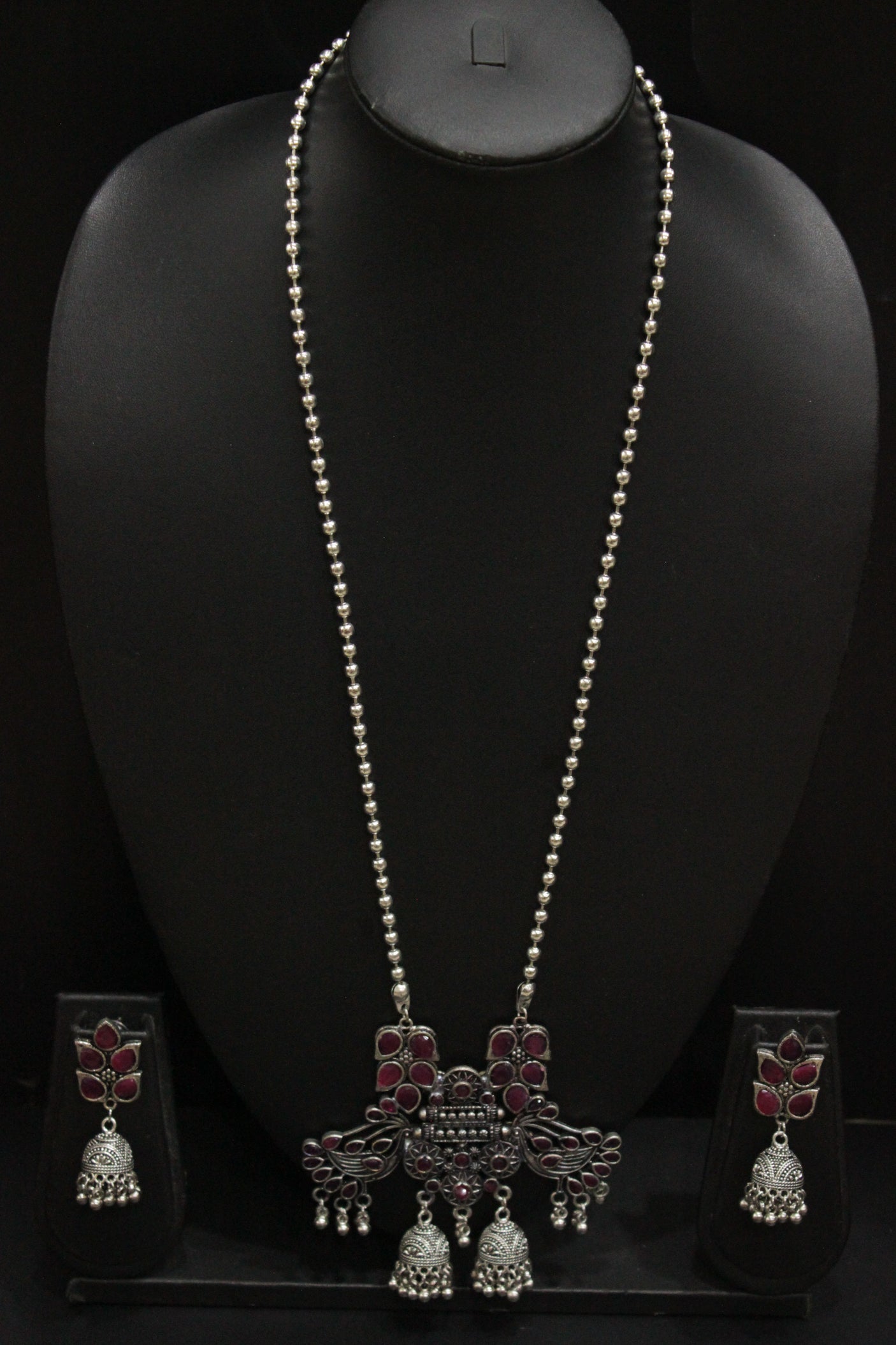 Ruby Red Glass Stones Embedded Bird Motifs Oxidised Finish Long Chain Necklace Set