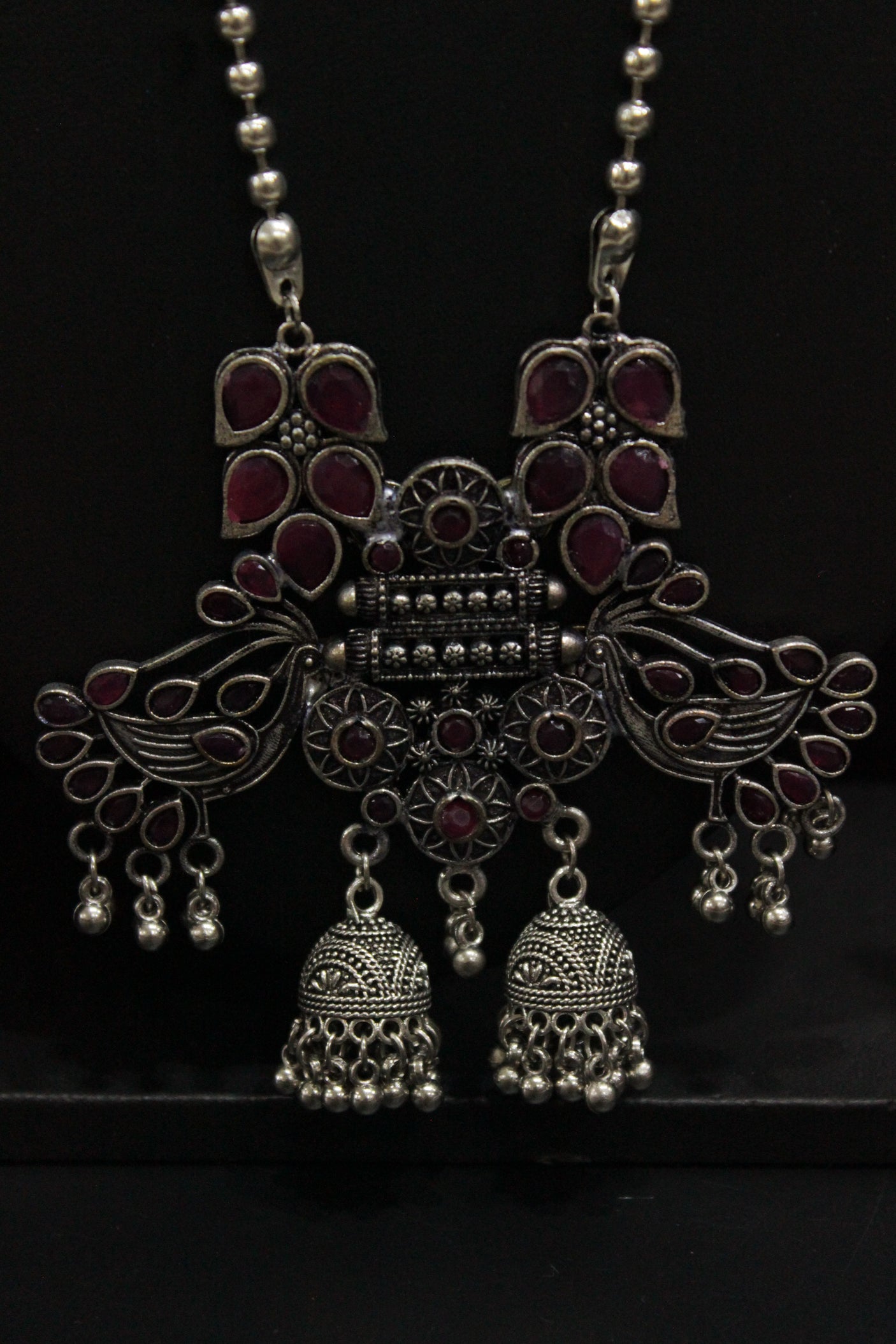Ruby Red Glass Stones Embedded Bird Motifs Oxidised Finish Long Chain Necklace Set