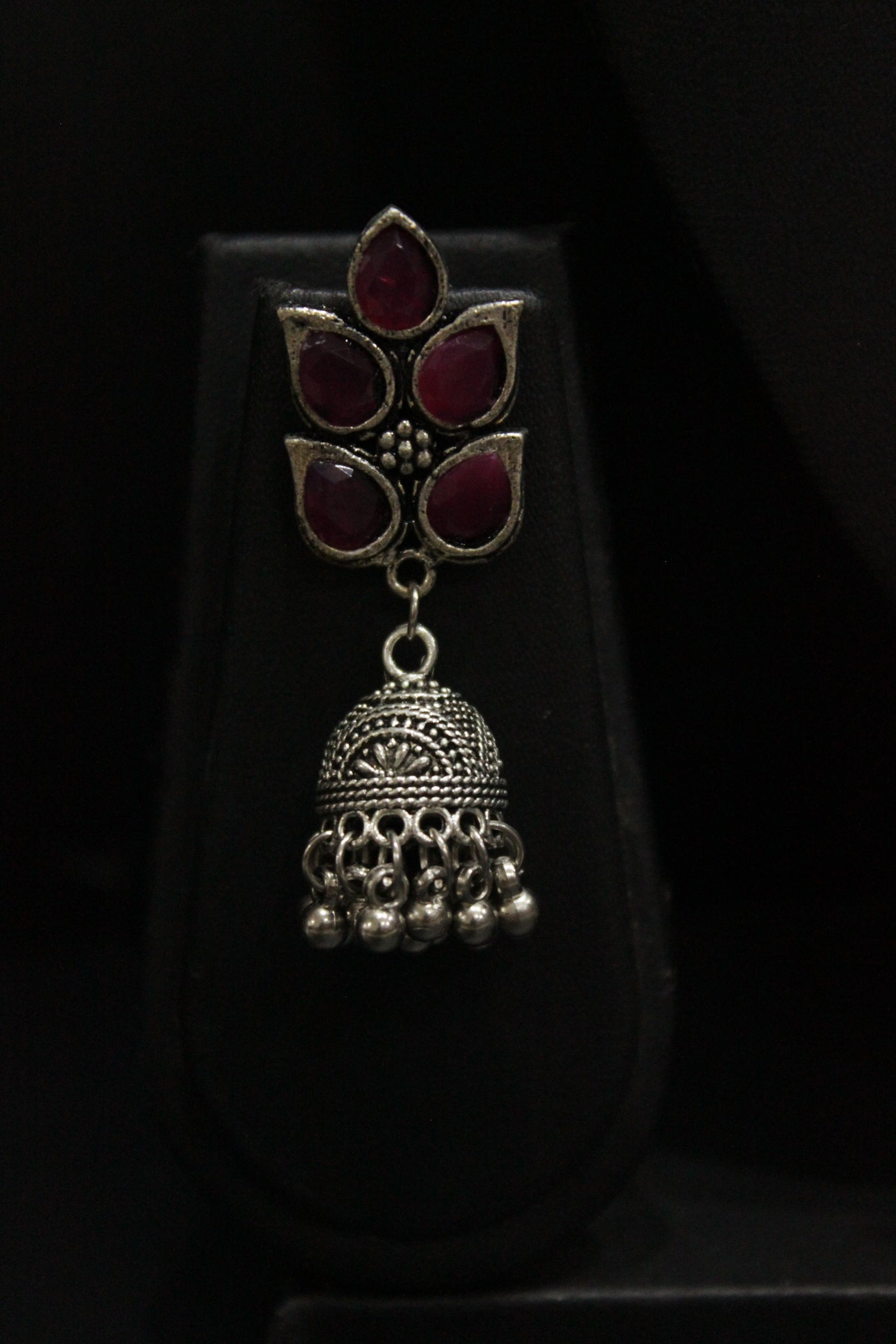 Ruby Red Glass Stones Embedded Bird Motifs Oxidised Finish Long Chain Necklace Set