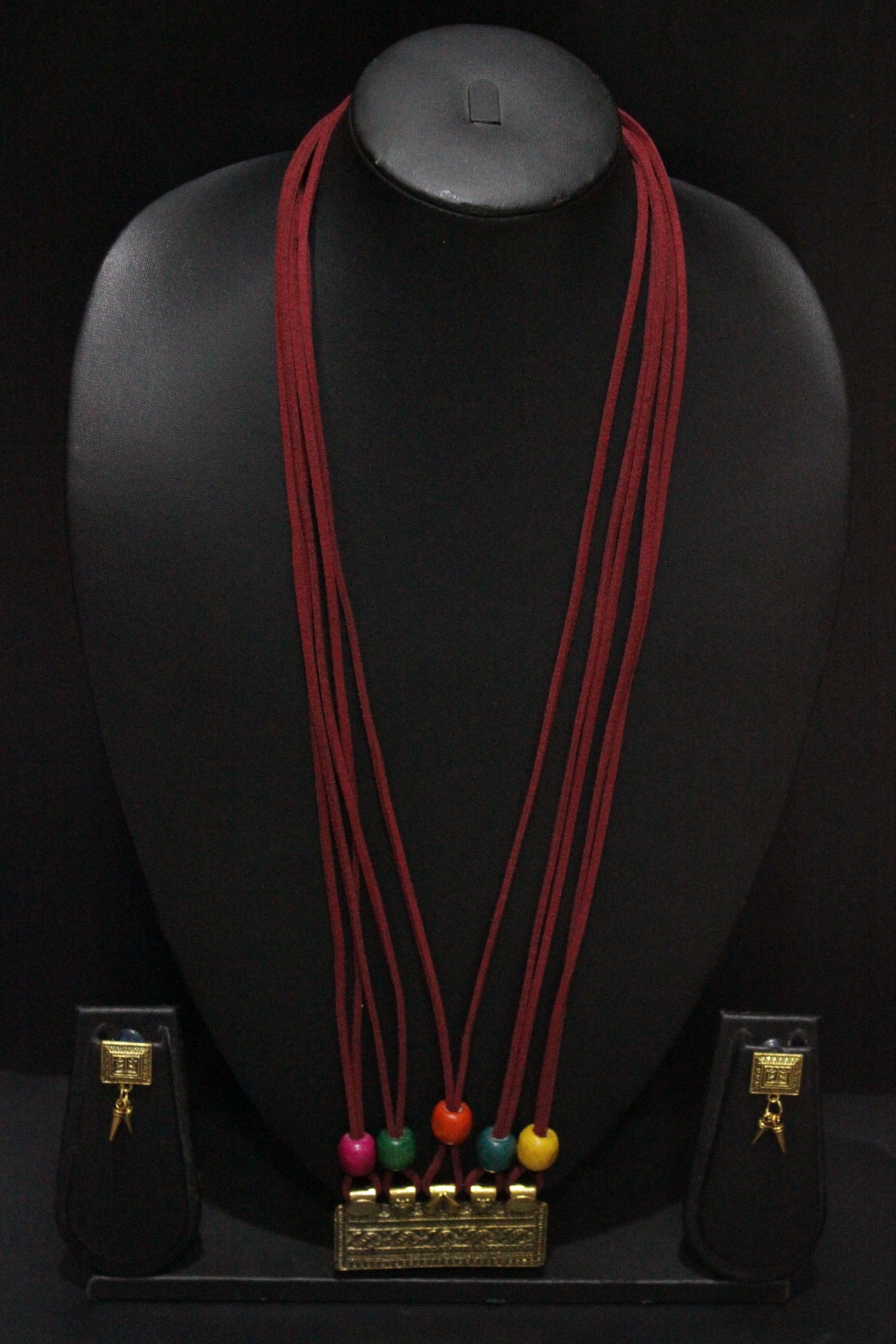 Antique Gold Finish Pendant Rope Closure Necklace Set with Multi-Color Wooden Beads