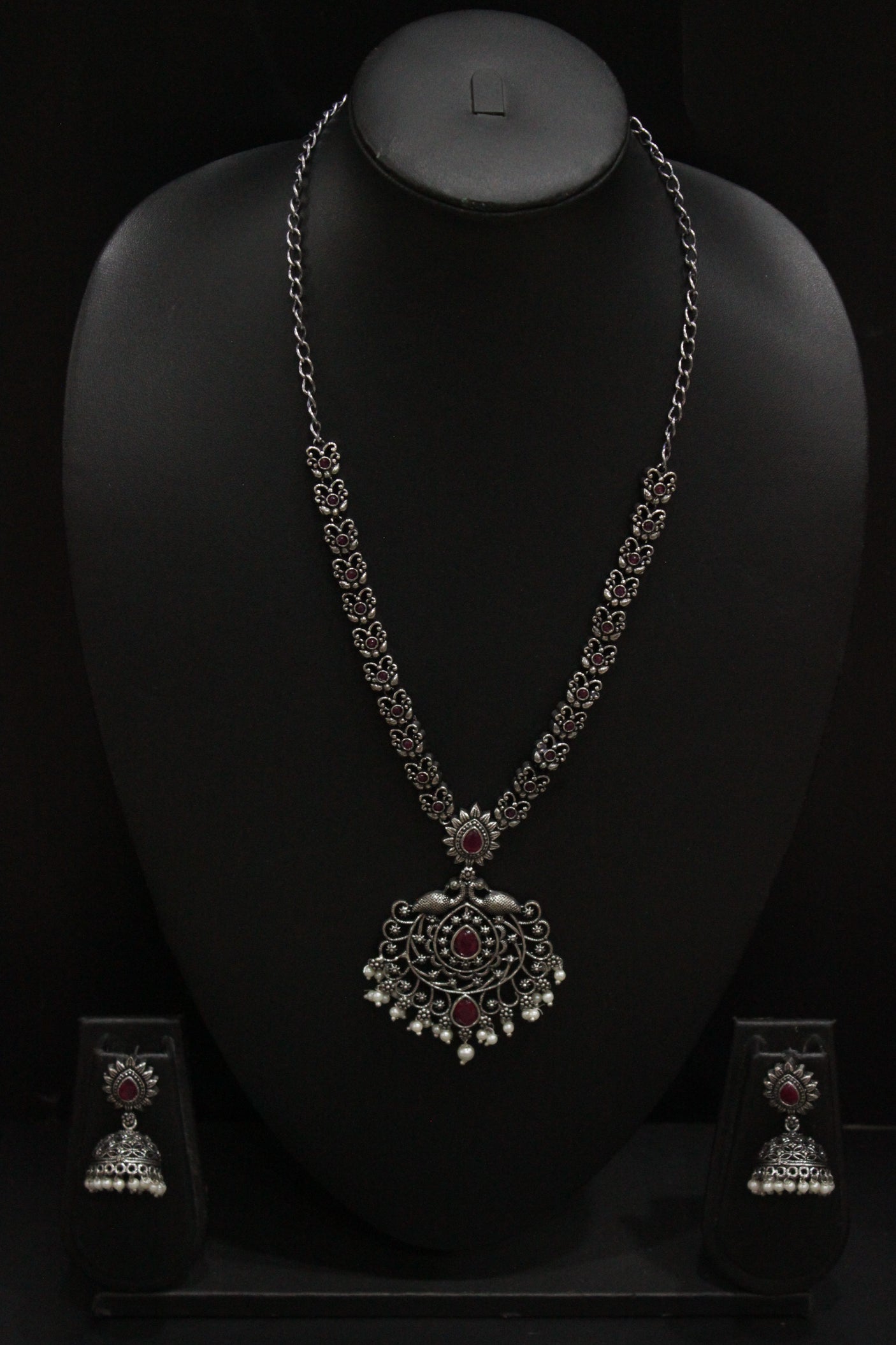 Two Swans Motifs Oxidised Finish Jaali Pattern Long Chain Necklace Set with Jhumka Earrings