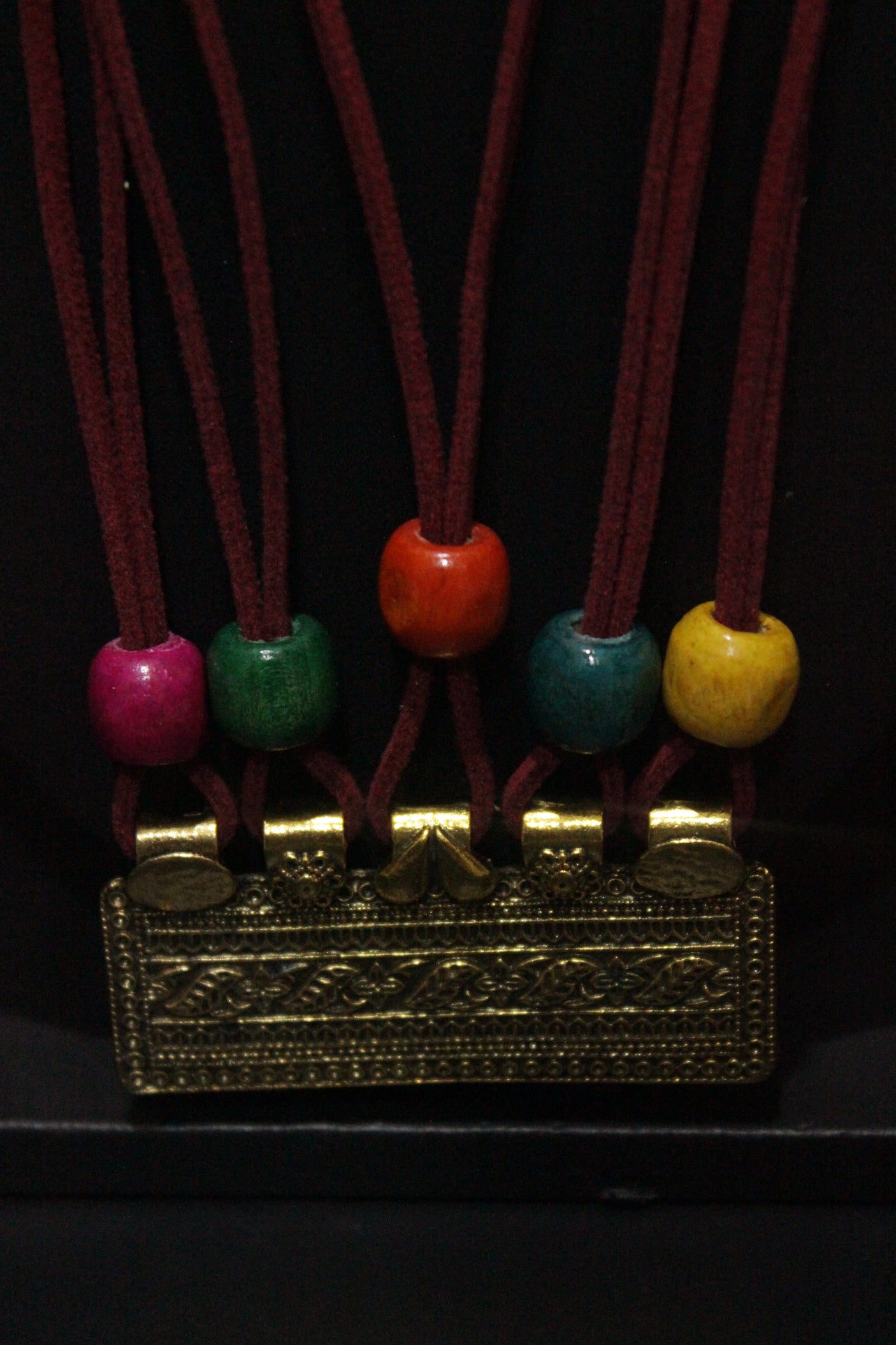 Antique Gold Finish Pendant Rope Closure Necklace Set with Multi-Color Wooden Beads