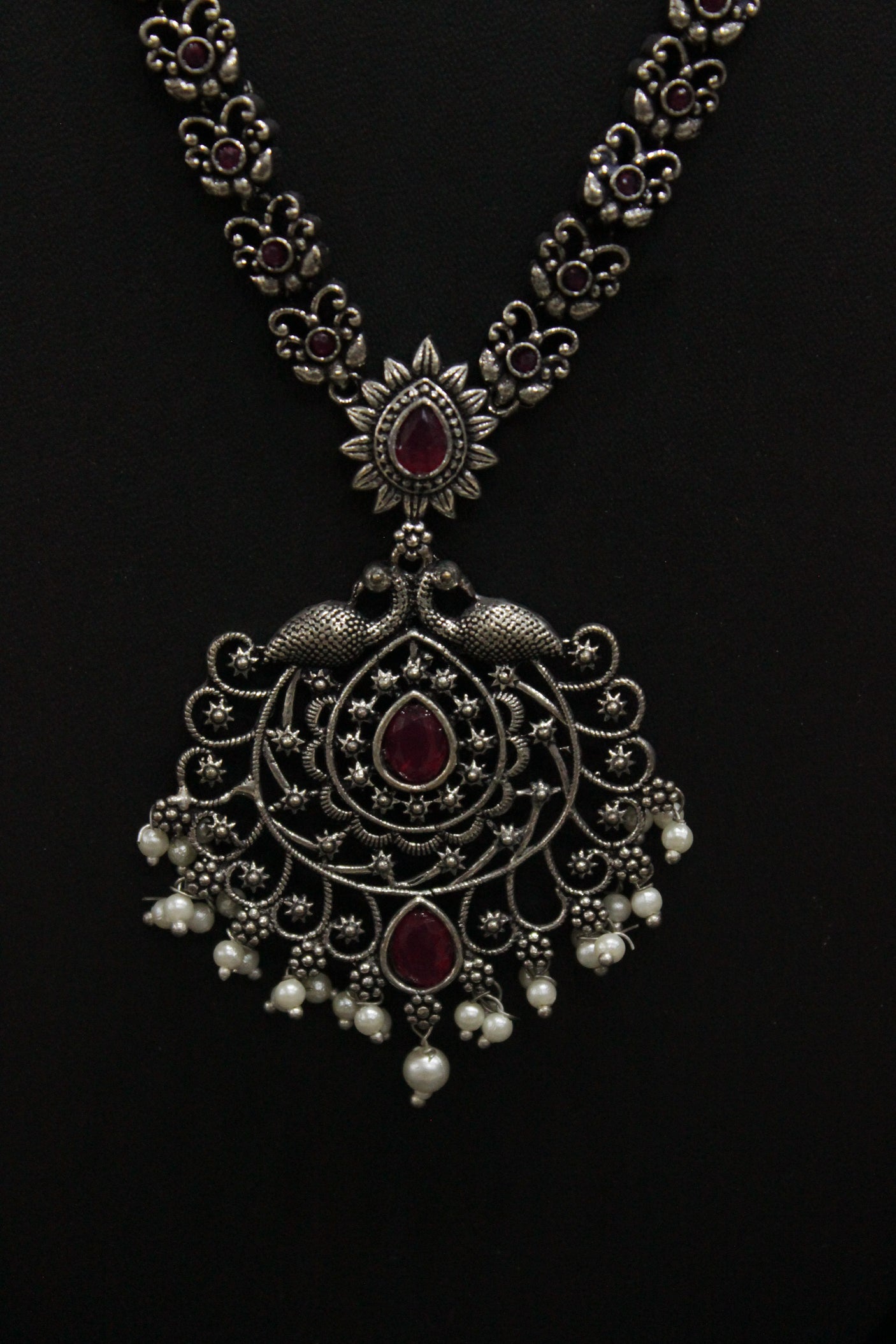 Two Swans Motifs Oxidised Finish Jaali Pattern Long Chain Necklace Set with Jhumka Earrings