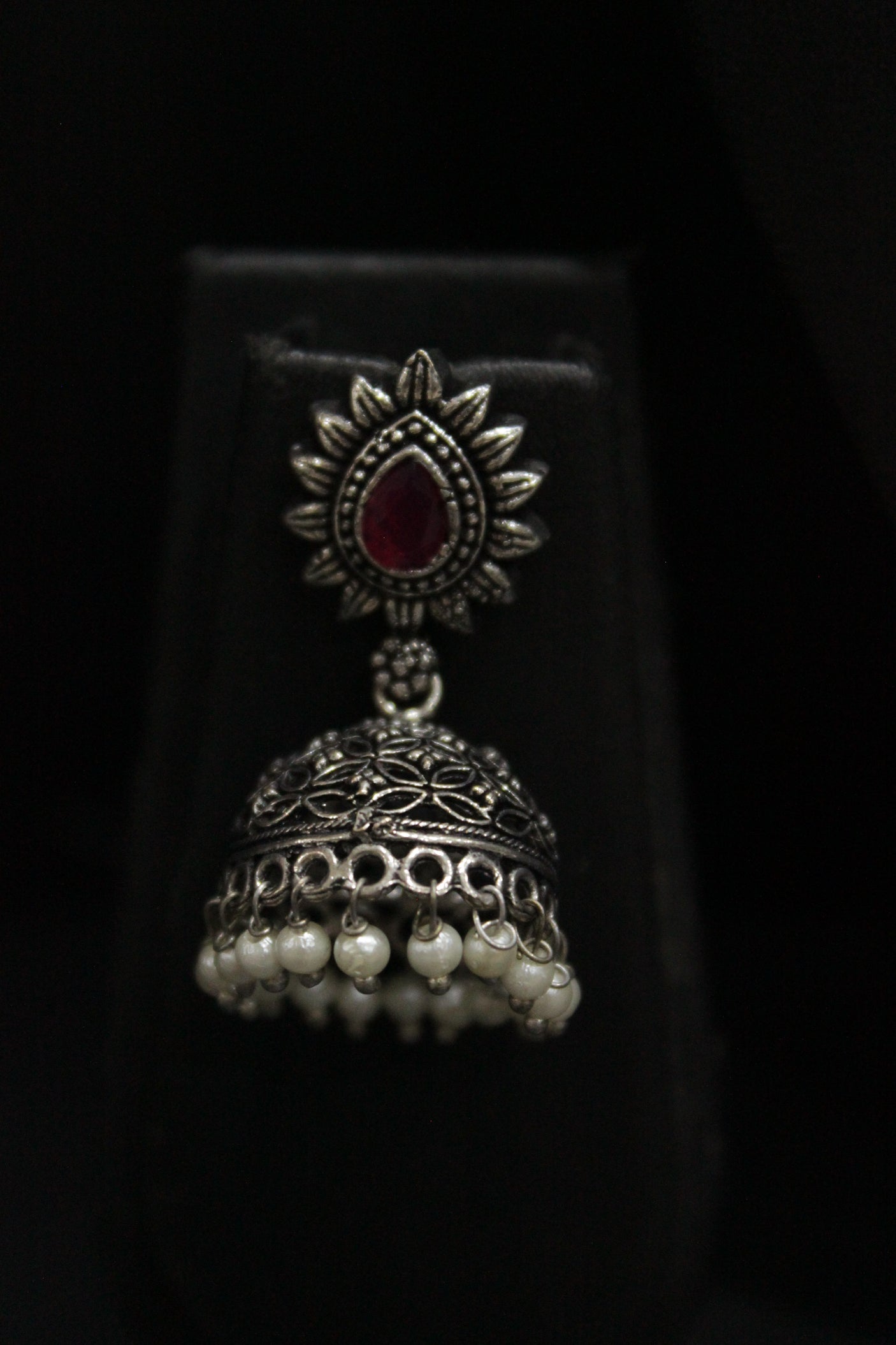 Two Swans Motifs Oxidised Finish Jaali Pattern Long Chain Necklace Set with Jhumka Earrings