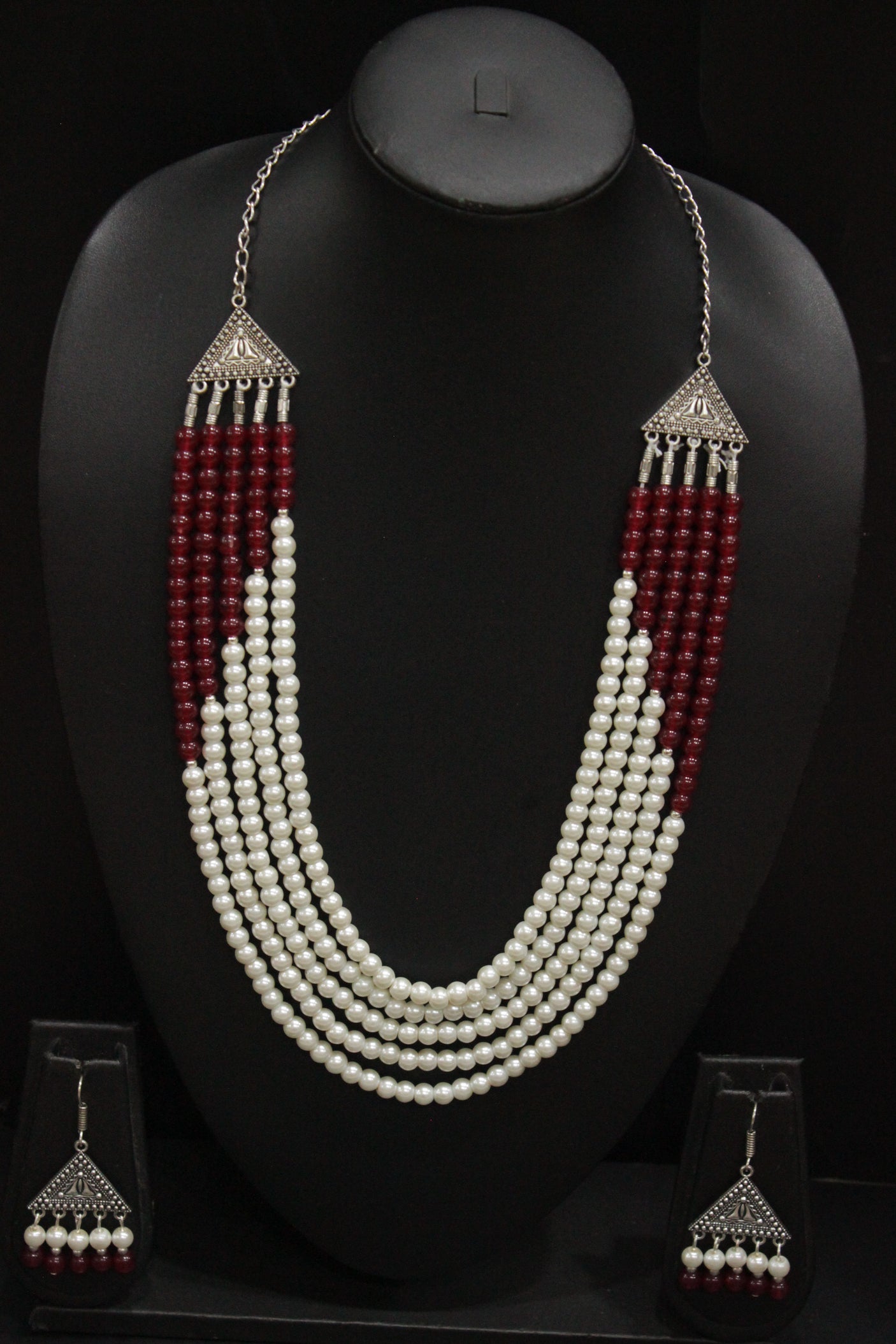 Red & White Glass Beads 5 Layer Versatile Necklace Set with Metal Accents