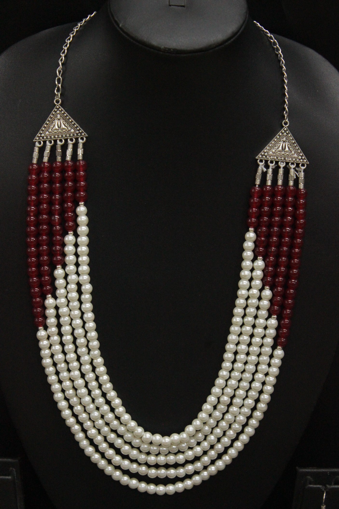 Red & White Glass Beads 5 Layer Versatile Necklace Set with Metal Accents