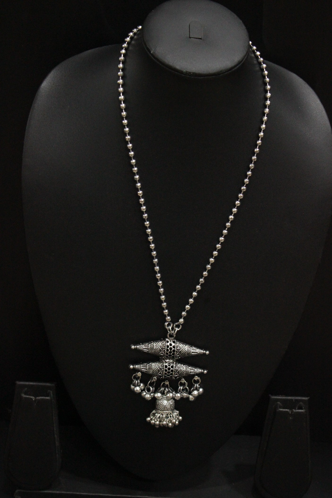 Long Chain Oxidised Finish Double Warrior Pendant Necklace