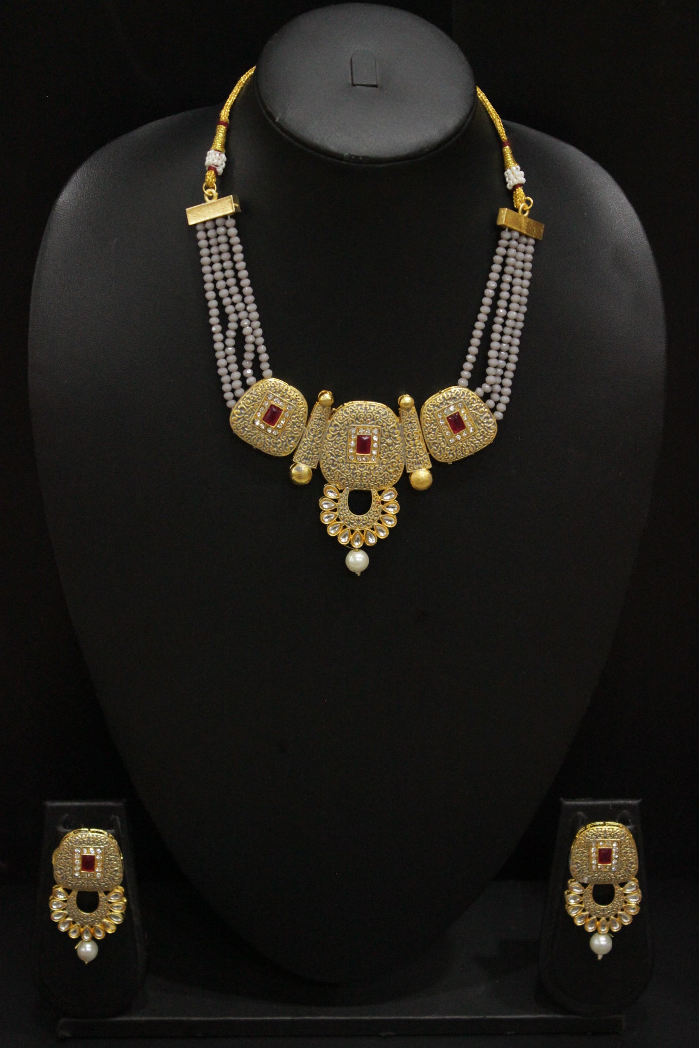 Elaborate Meenakari and Kundan Work Grey Crystal Beads Hand Painted Necklace Set