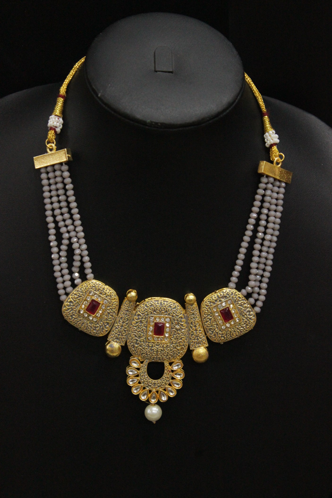 Elaborate Meenakari and Kundan Work Grey Crystal Beads Hand Painted Necklace Set