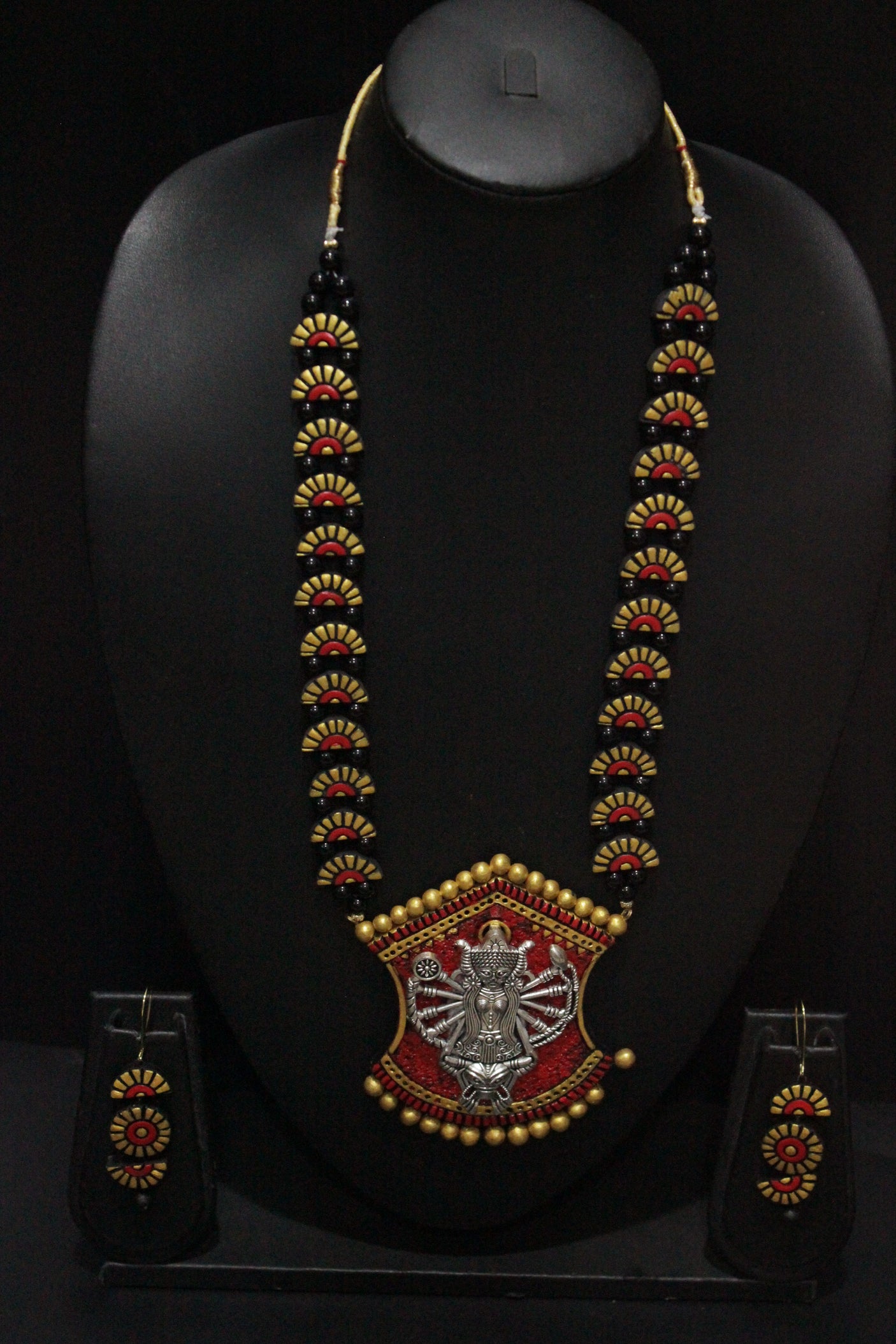 Religious Motif Handcrafted Long Festive Terracotta Clay Necklace Set
