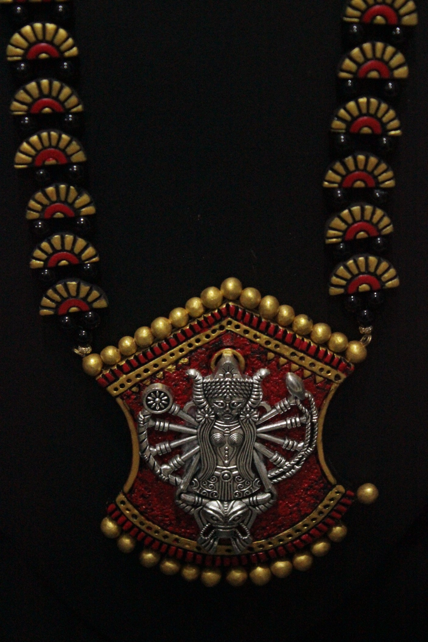 Religious Motif Handcrafted Long Festive Terracotta Clay Necklace Set