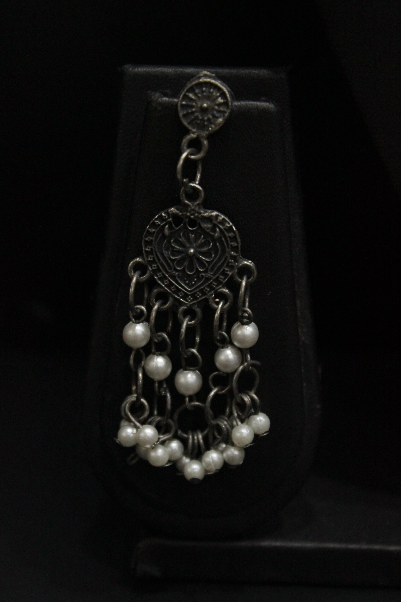 Tribal Warrior Motif Charms Long Chain Oxidised Finish Necklace Set Accentuated with White Beads