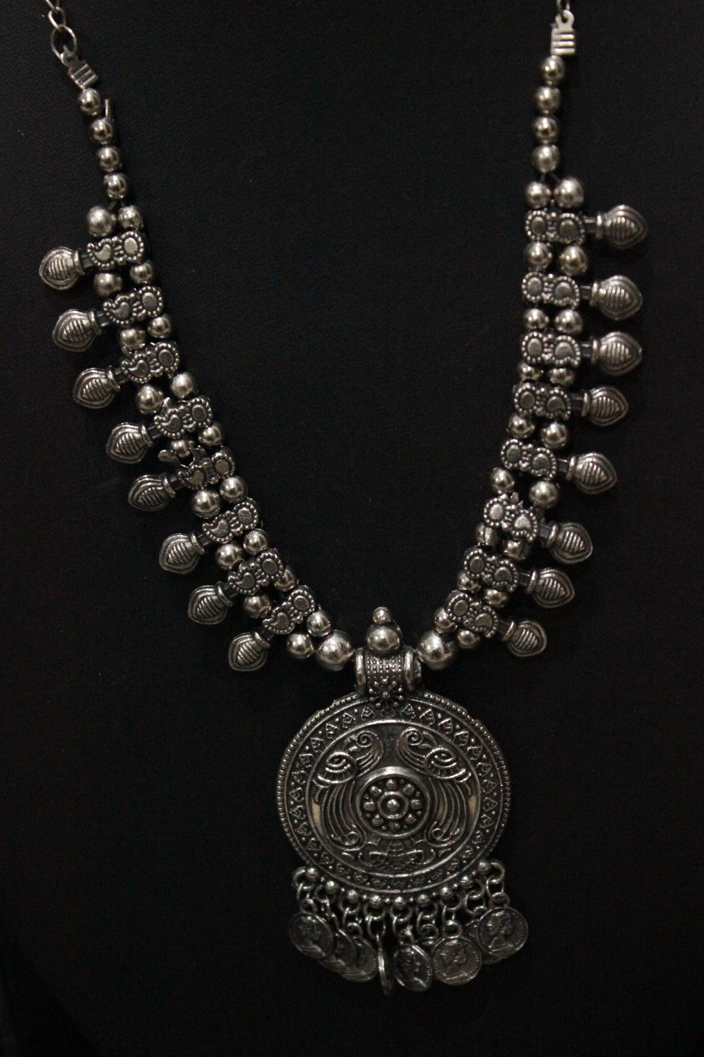 Oxidised Silver Finish Metal Necklace with Stamped Coins